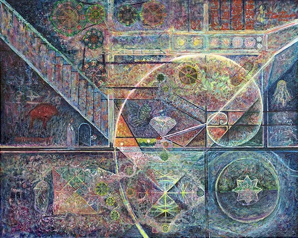 a geometric painting with Fibonacci spiral in colors purple, blue, orange, and red