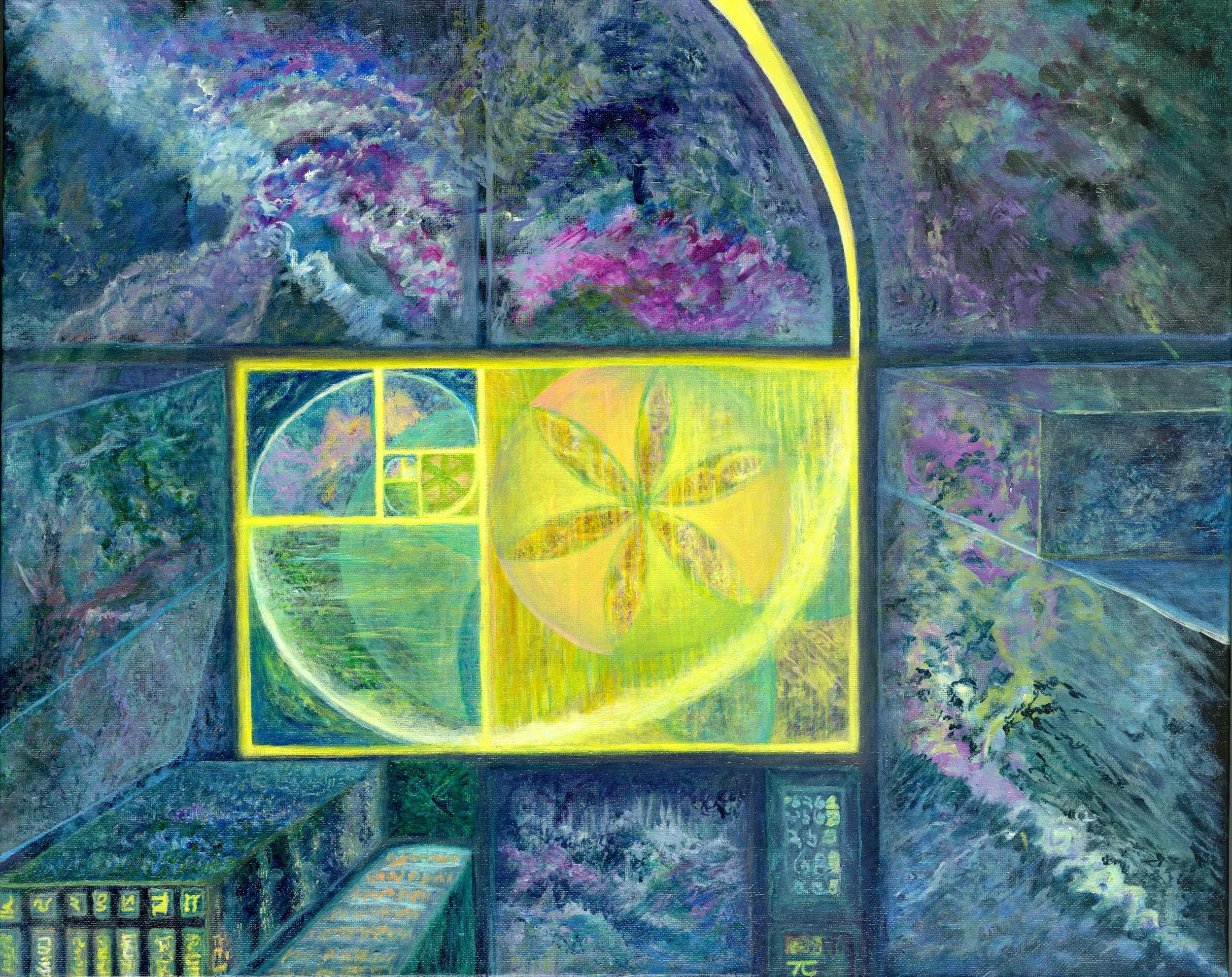 a geometric painting with Fibonacci spiral in blues, teals, greens, and yellow 