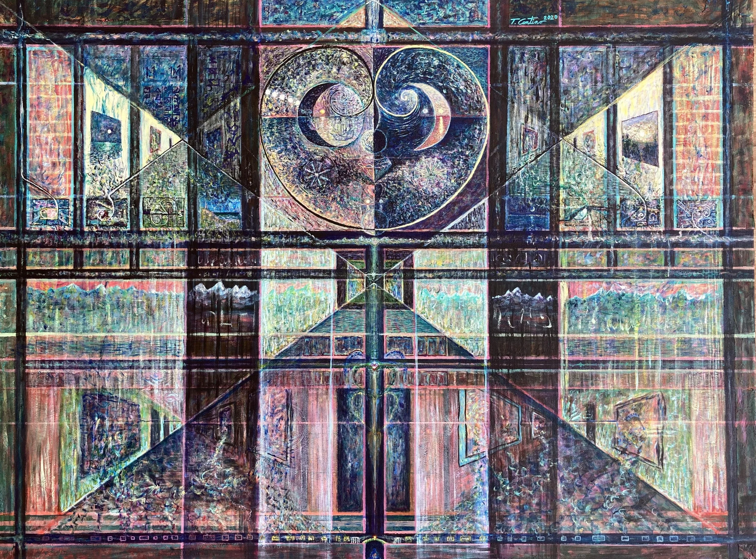 a geometric painting with architectural elements