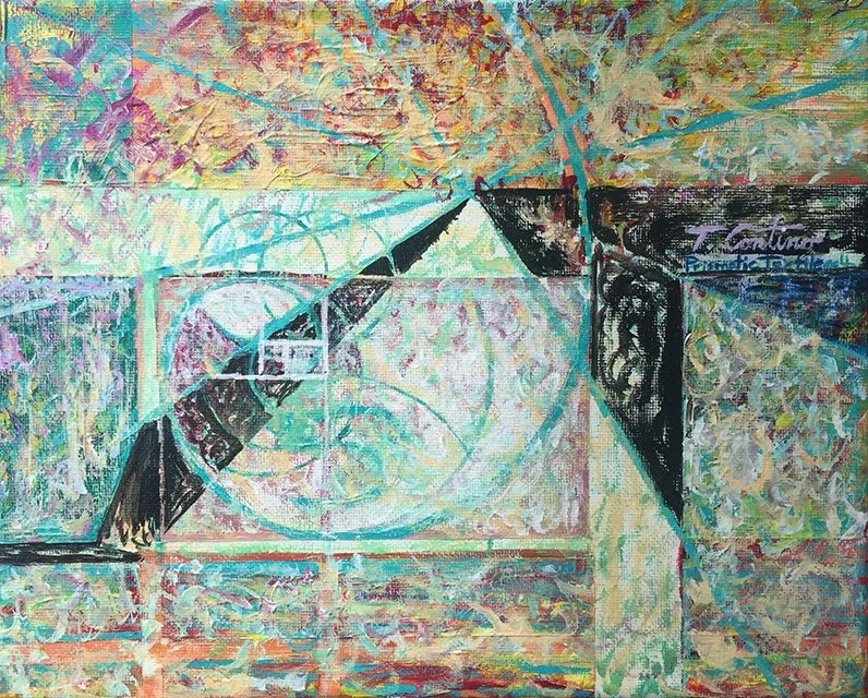 A geometric painting with a spiral, triangles, and golden rectangle in textured layered colors of orange, tan, teal, black, and pink