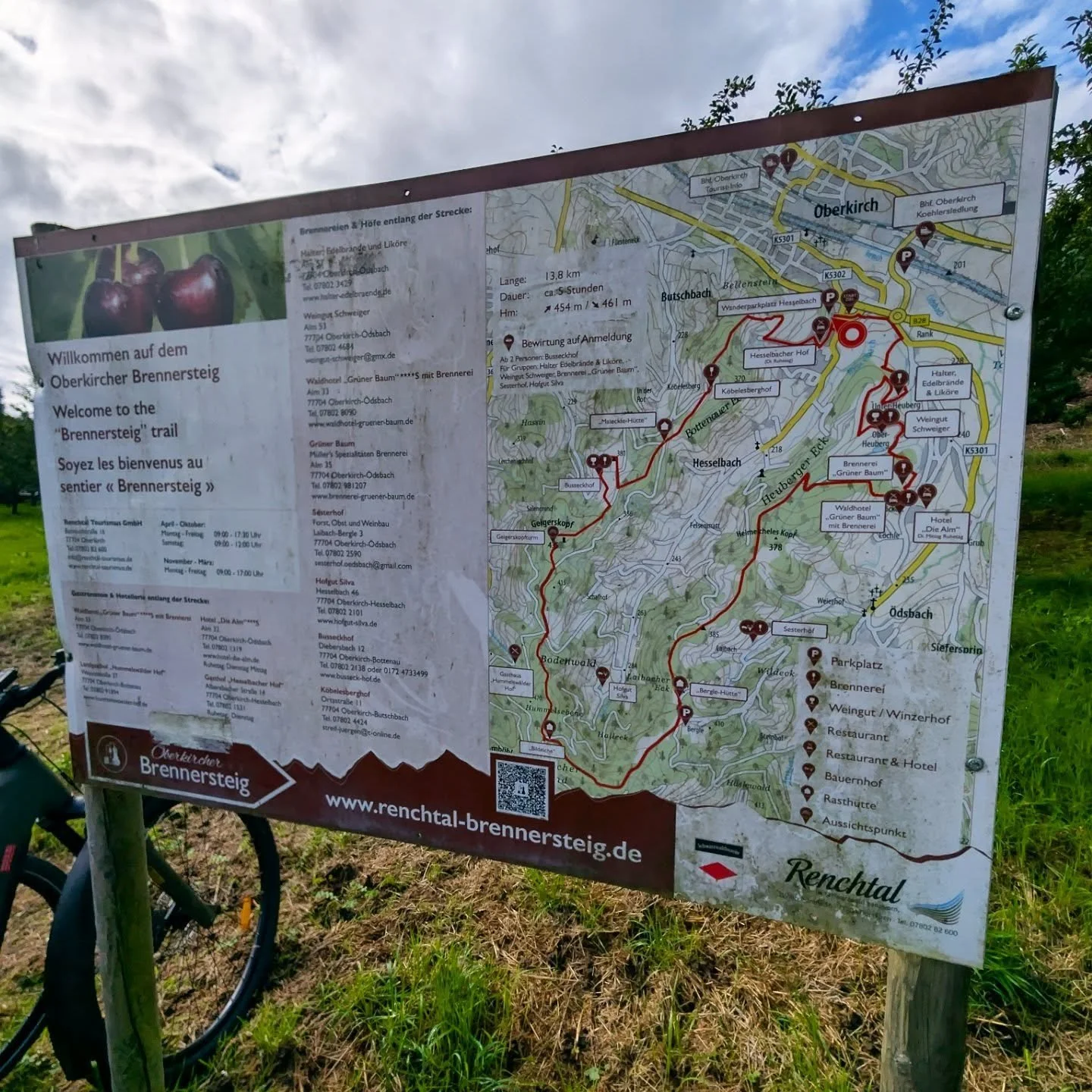 One of the parts of our trip I'd been looking forward to was hiking the Oberkircher Brennersteig, a 14km (about 9 miles) loop of fruit orchards and vineyards where the farmers make their own schnapps and liquors you can sample along the way for a Eur