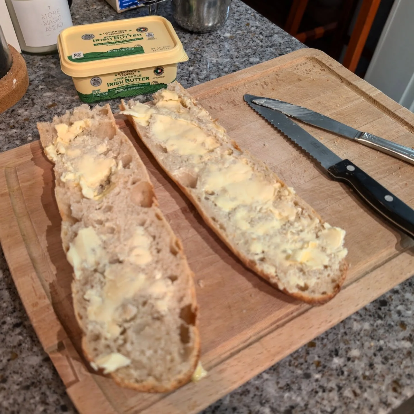 Late evening grocery shopping while hungry can be a dangerous game.

A healthy smear of Irish butter, a decent layer of French triple creme brie, and nearly a full pack of prosciutto on half a baguette.

There's no picture of the assembled sandwich b