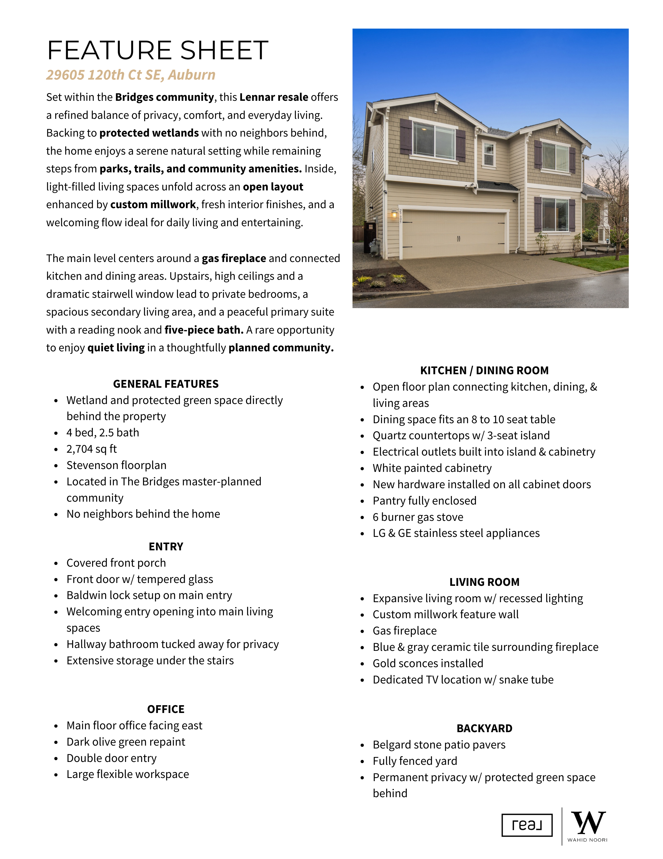 Property feature sheet for a house at 29605 120th Ct SE, Auburn, showing an exterior photo of a two-story house with a beige and green color scheme, attached garage, and landscaped yard, alongside detailed home features and descriptions.