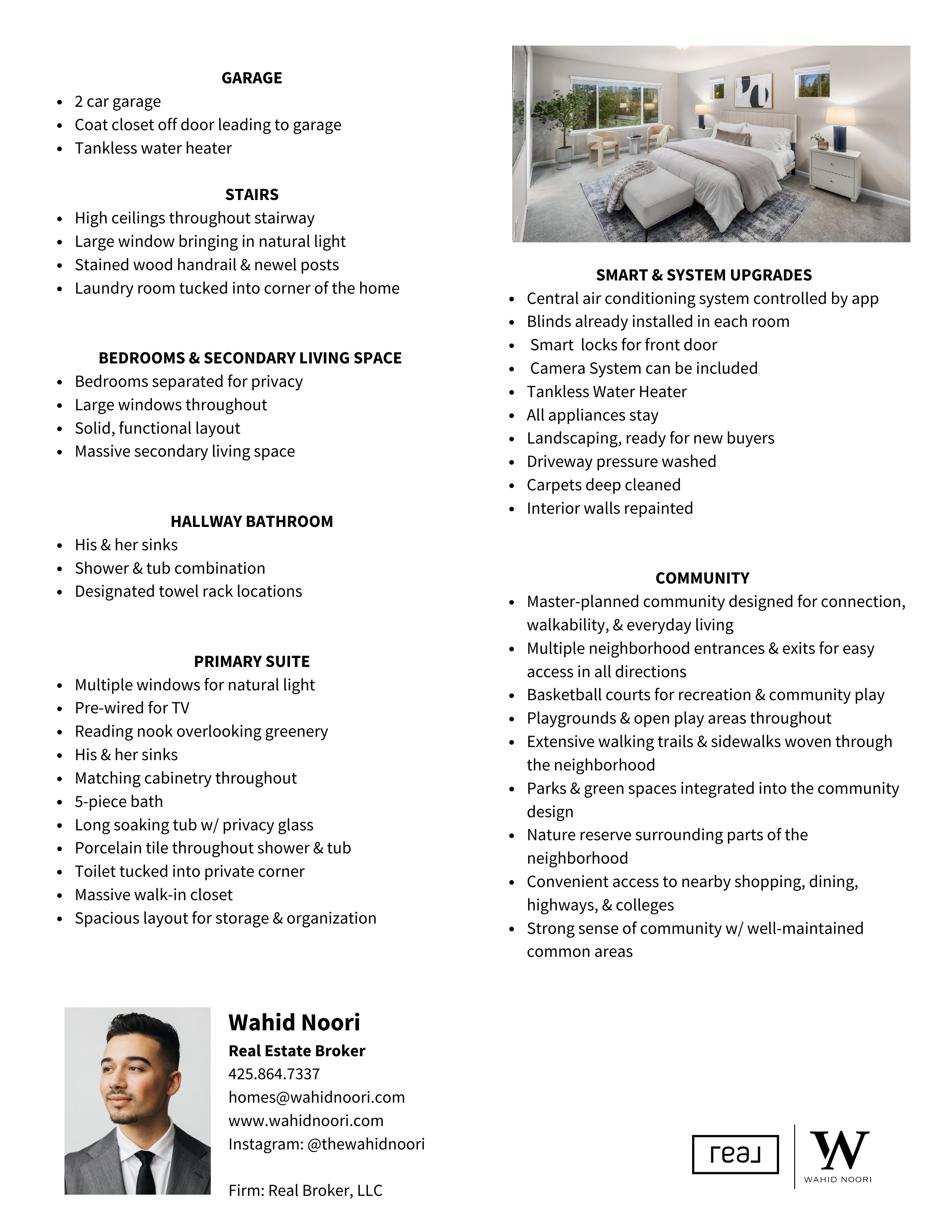 A bedroom with a large bed, nightstands, lamps, a window, and wall art. Adjacent to it, an infographic lists features of a property including garage, stairs, bedrooms, bathroom, suite, and community amenities, with a small photo of a real estate agent.