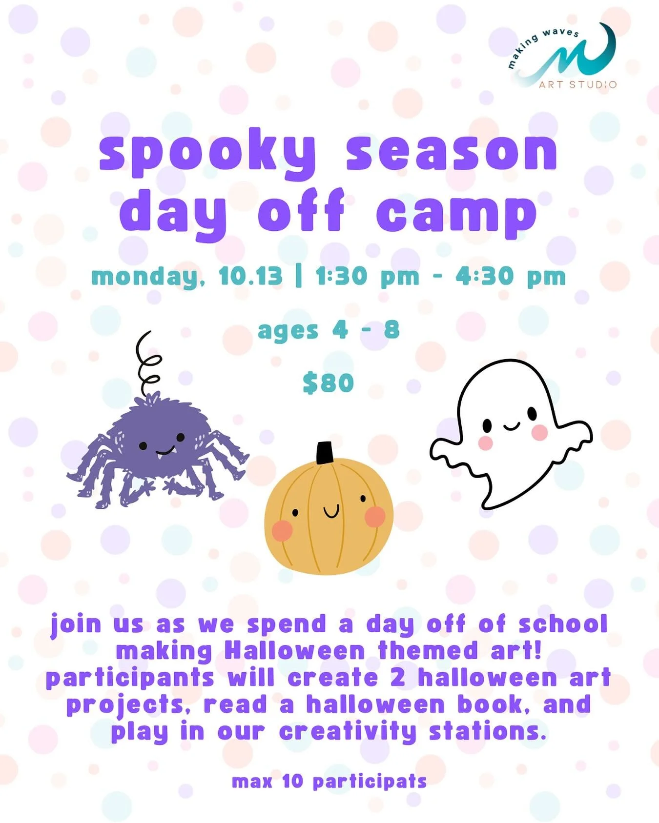 It&rsquo;s been a great couple 5-day weeks of school, but that time is comin&rsquo; - days off!!! 😱😉

Join us for an afternoon of fun on 10.13! 🎃🎨