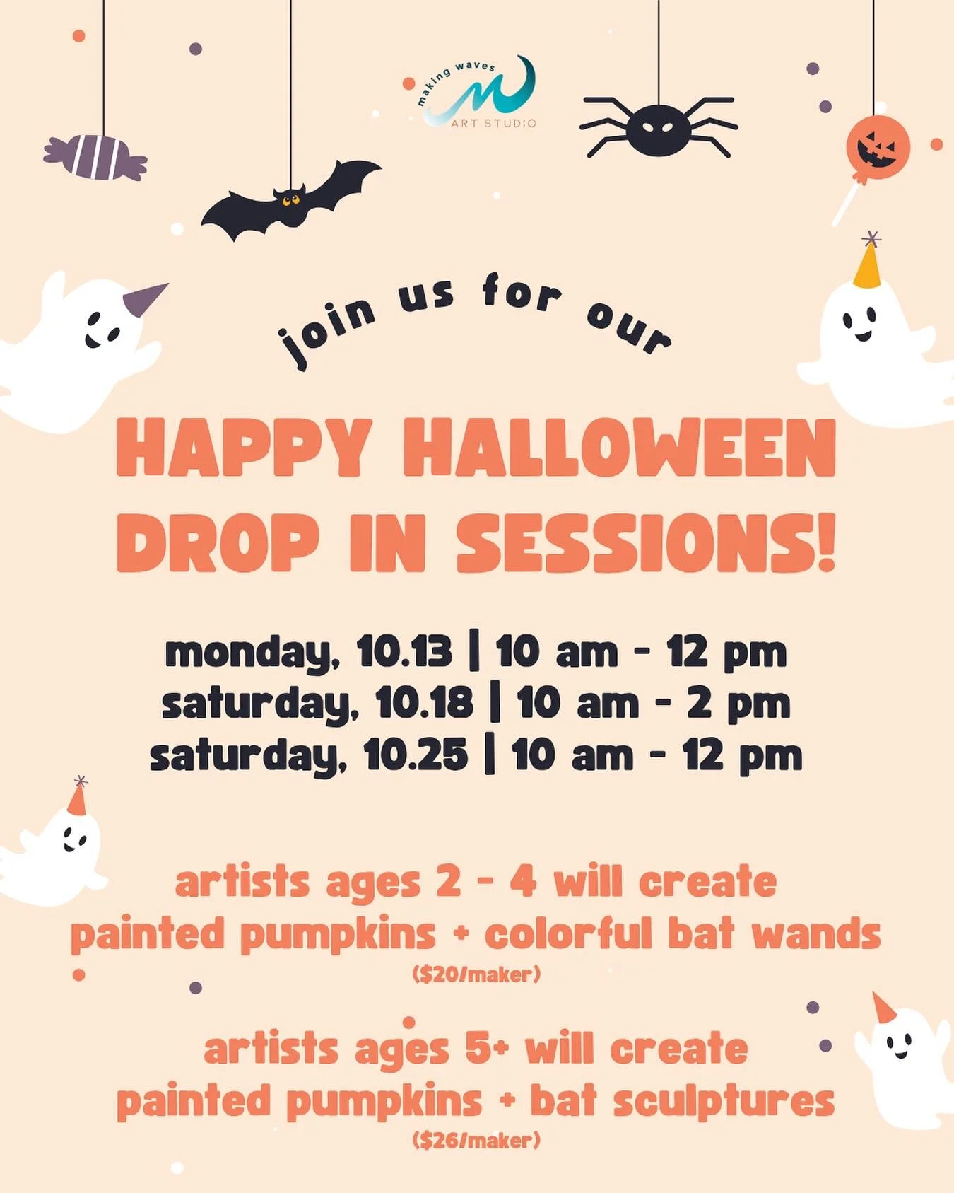 Join us for a Happy Halloween Drop In Session this month! 👻🎃

If you&rsquo;re new to our Drop In Sessions, here&rsquo;s everything you need to know&hellip;

🎨 Our Drop In Sessions are $20 for kids 2 - 4 YO + $26 for makers 5 YOS +. Adults are alwa