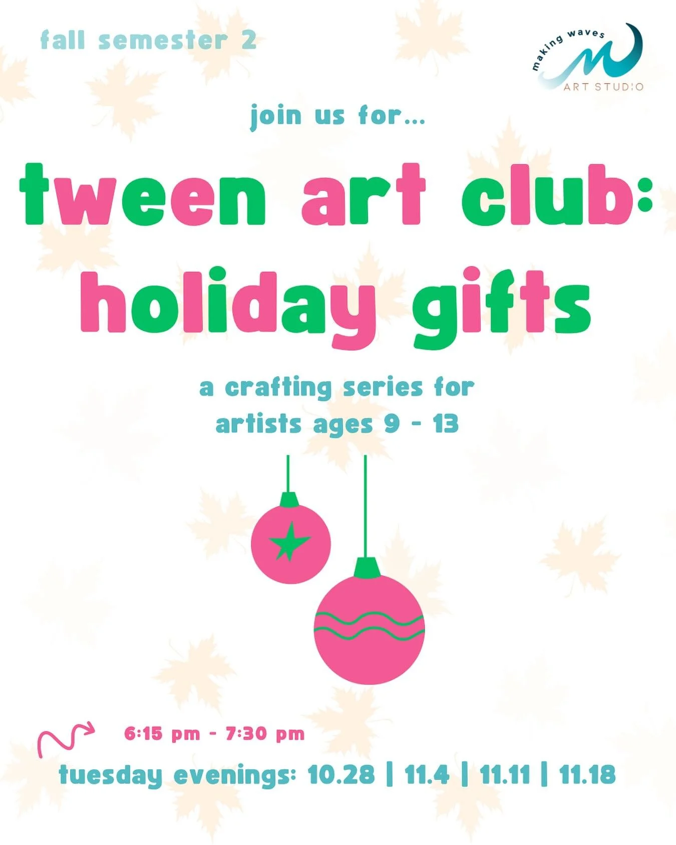 We are starting something ๐ brand new ๐ in the art studio this fall — Tween Art Club! Our first 4-week session will meet on Tuesday evenings and our theme will be Holiday Gifts! Here’s a bit more info…
In Tween Art Club: Holiday