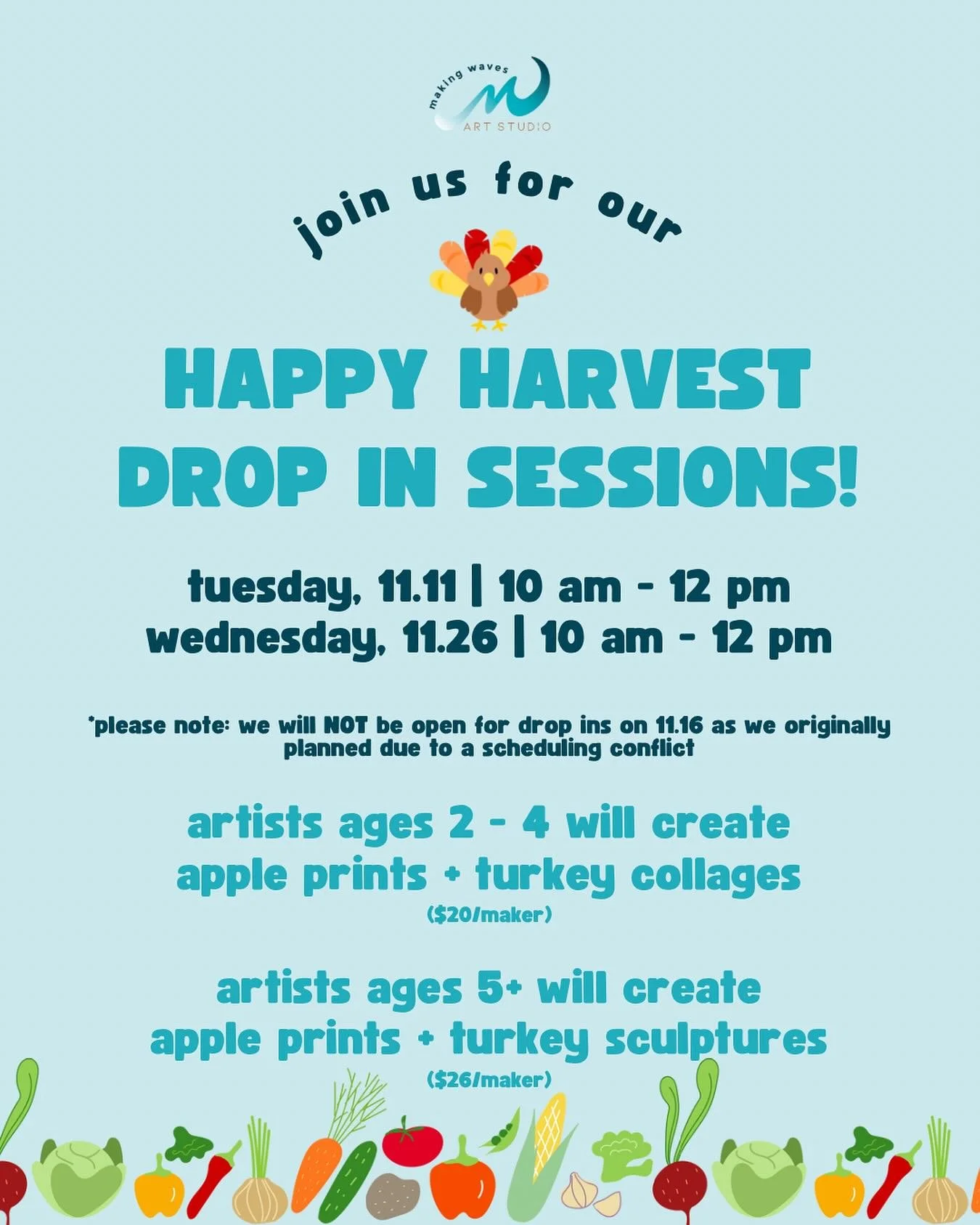 Join us for a Drop In Session this month! 🦃🎨

If you&rsquo;re new to our Drop In Sessions, here&rsquo;s everything you need to know&hellip;

🎨 Our Drop In Sessions are $20 for kids 2 - 4 YO + $26 for makers 5 YOS +. Adults are always invited to ma