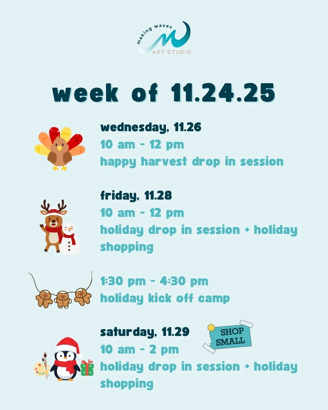 Hello Friends!
 
We have an incredible week of making and celebrating ahead!
 
On Wednesday we&rsquo;ll be hosting a Happy Harvest themed Drop In Session from 10 am - 12 pm.
 
Thursday we&rsquo;ll take a break to be with our families and think about 