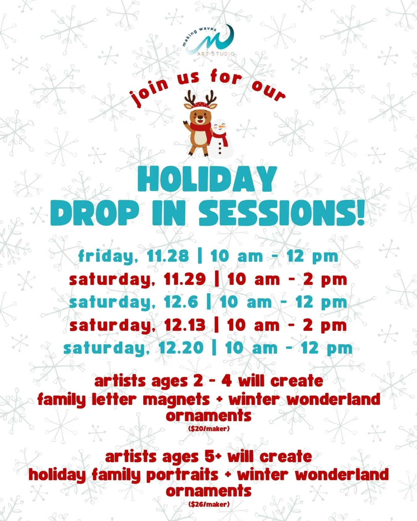 Join us for our first Holiday Drop In Session this morning! ❤️💚

If you&rsquo;re new to our Drop In Sessions, here&rsquo;s everything you need to know&hellip;

🎨 Our Drop In Sessions are $20 for kids 2 - 4 YO + $26 for makers 5 YOS +. Adults are al