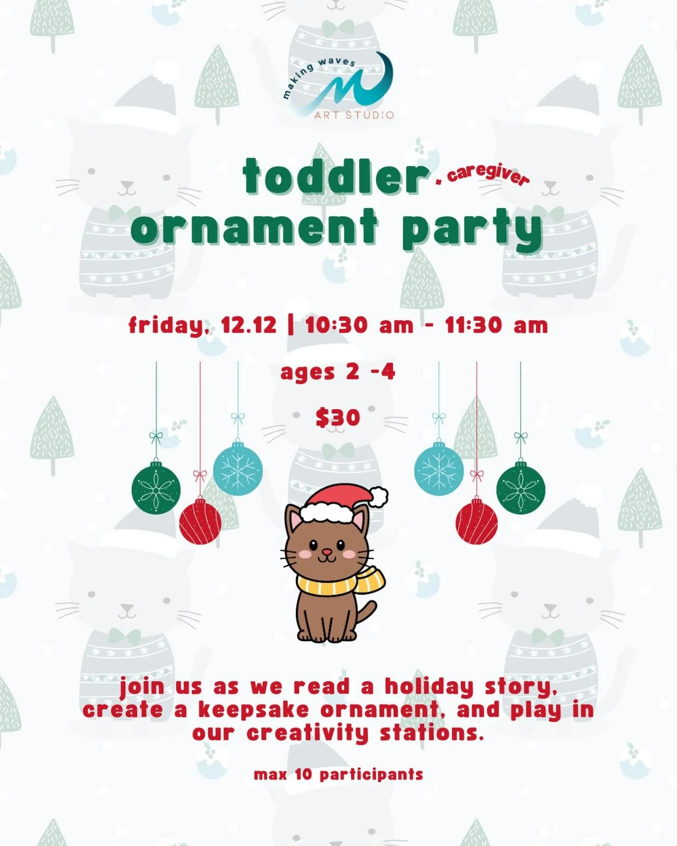 We have 1 space left in our Toddler Ornament Party this Friday! Join us for the fun! 🎄