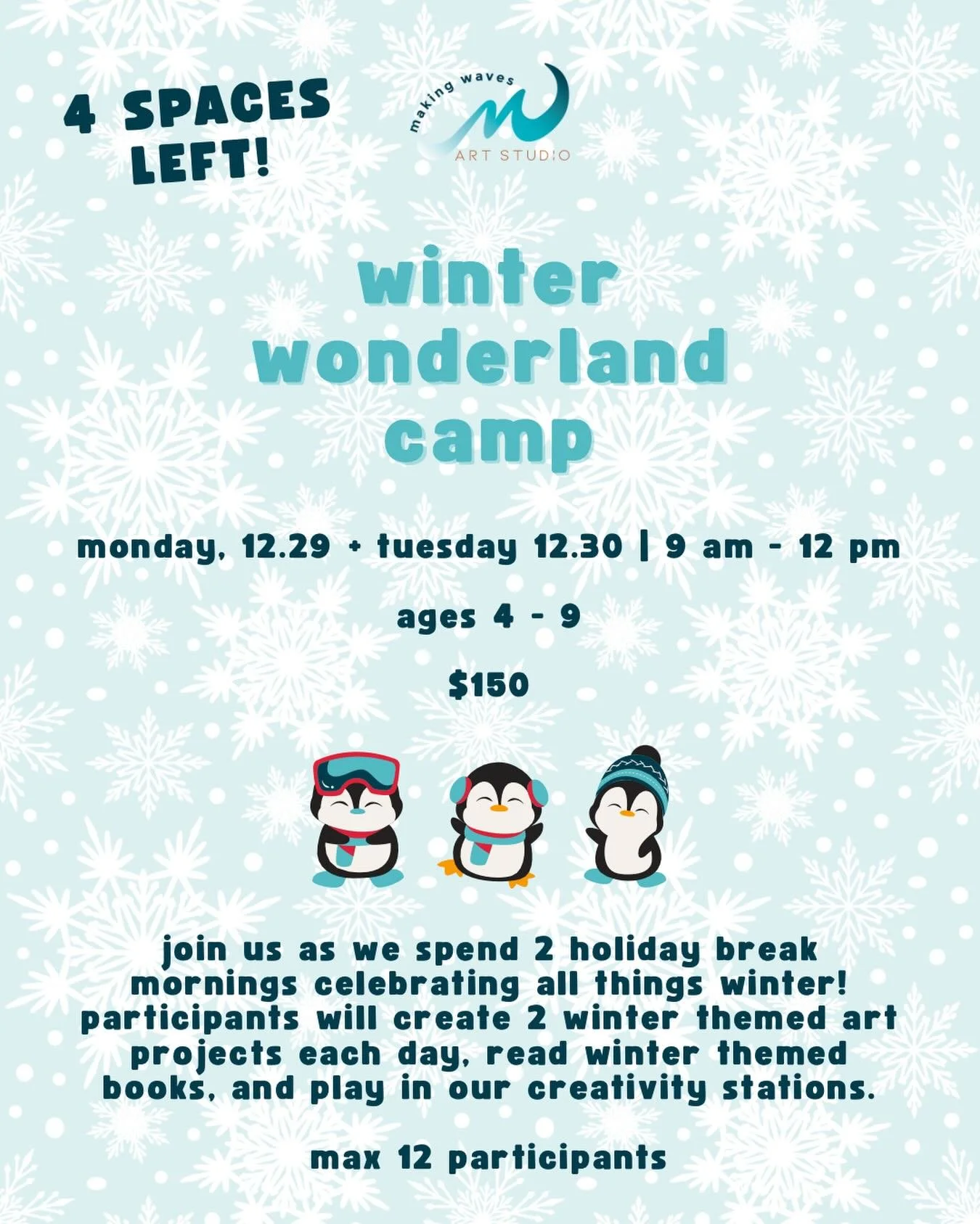 Our final 4 camp spaces of the holiday break are in our Winter Wonderland Camp on 12.29 + 12.30. Join us for 2 mornings of creativity + play! ☃️🎨
