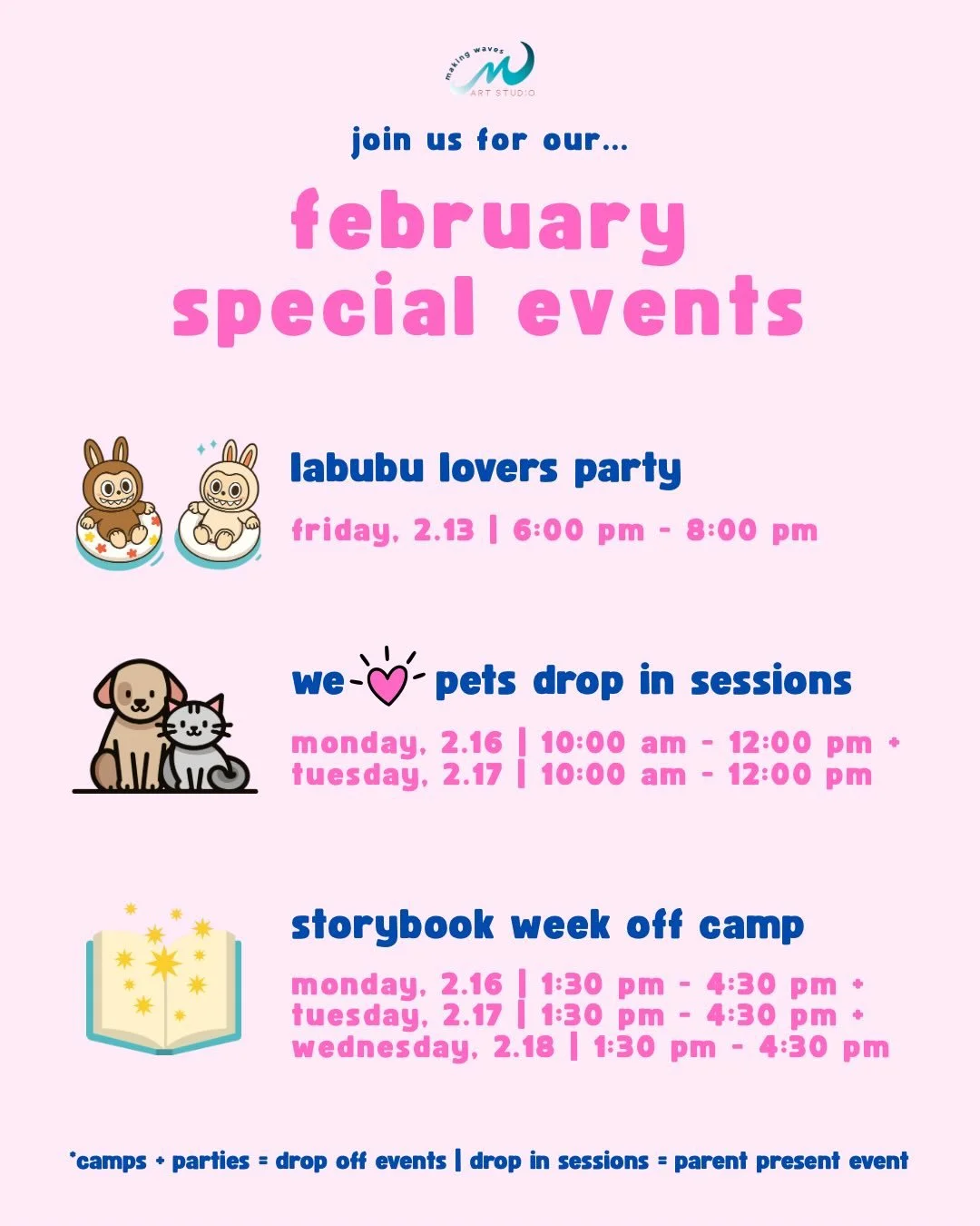 Happy February! 💕

We have lots of fun special events coming up this month!

On Friday, 2.13 we&rsquo;re hosting a Labubu Night! Bring your Labubu and join us for the fun. *We have 3 spaces left.

During February break we are hosting 2 We Love Pets 