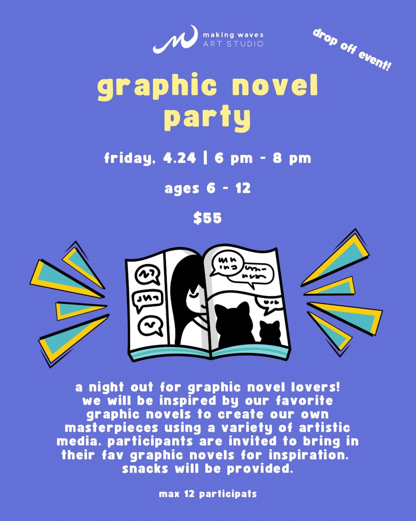 Calling all future storytellers! 📢✏️📚

Is your kiddo into alllll of the graphic novels?! 🙋&zwj;♀️ Join us for our next Kids Night Out Event: A GRAPHIC NOVEL PARTY! 💥 We&rsquo;ll imagine, write, draw, connect (and snack 😉). All while you get the 