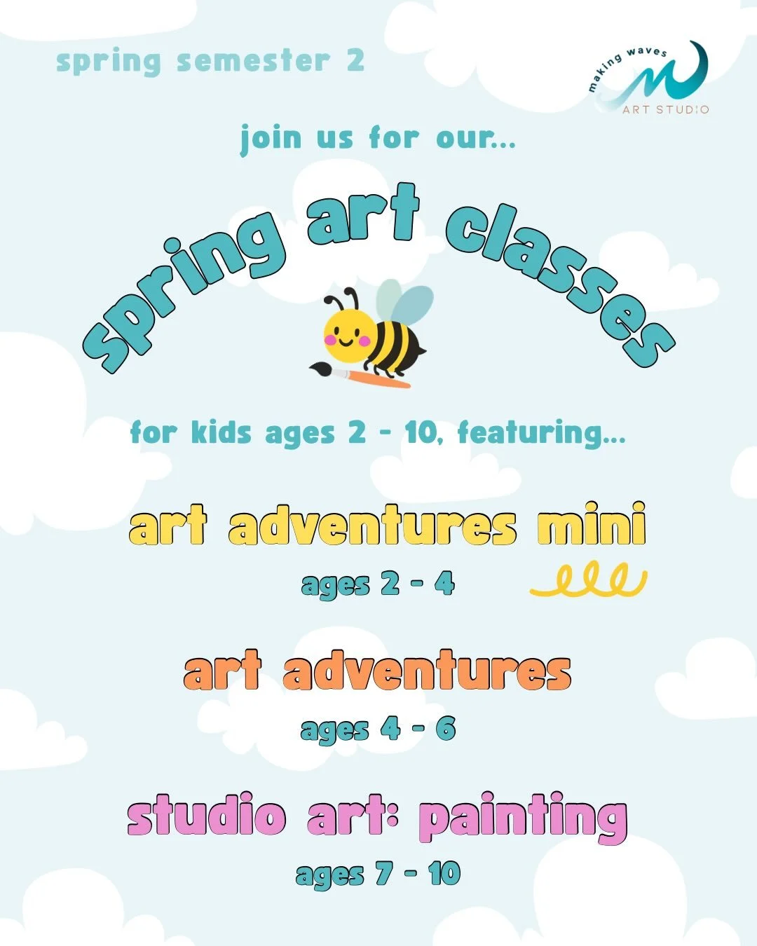 Spring classes start soon! 🌸🐝🎨

If you&rsquo;re looking for a space for your creative kiddo to bloom, you&rsquo;ve found it. 👩&zwj;🎨🧑&zwj;🎨

At Making Waves 🌊 you&rsquo;ll find:

✨ Small classes
✨ A calm, organized, kid-centered studio
✨ High