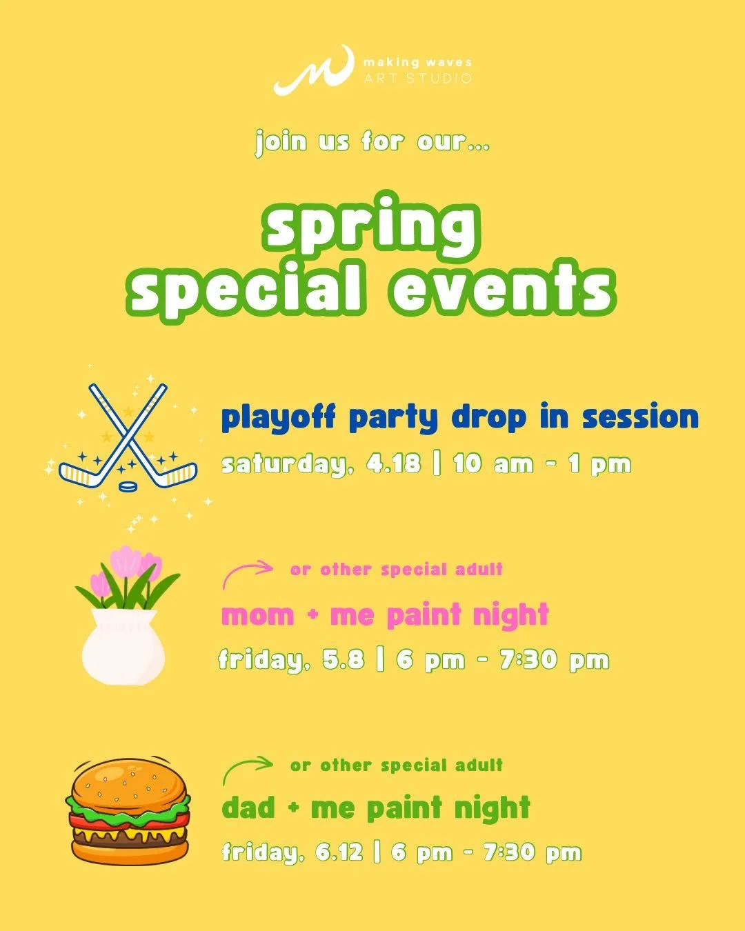We&rsquo;re so excited to announce our Spring Special Events! 🌸

We&rsquo;re kicking off our spring events with a PLAYOFF PARTY!!! Join us this Saturday between 10 and 1 to creatively celebrate our favorite team! LET&rsquo;S GO BUFF-A-LO! 🏒
 
In Ma