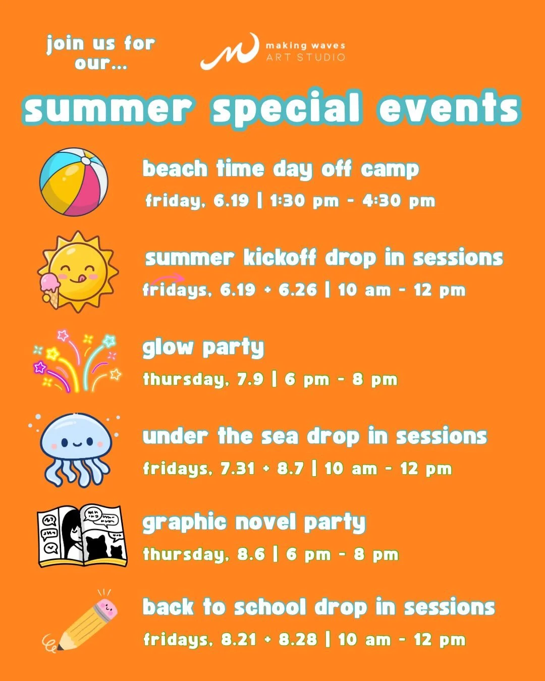 ATTENTION WESTERN NEW YORK FAMILIES! 📢

We are so excited to announce our summer special events! 😎🎨

From day off camps, to drop in sessions, to kids nights out (a.k.a. date nights for parents 😉), we&rsquo;ve got you covered creatively this summe