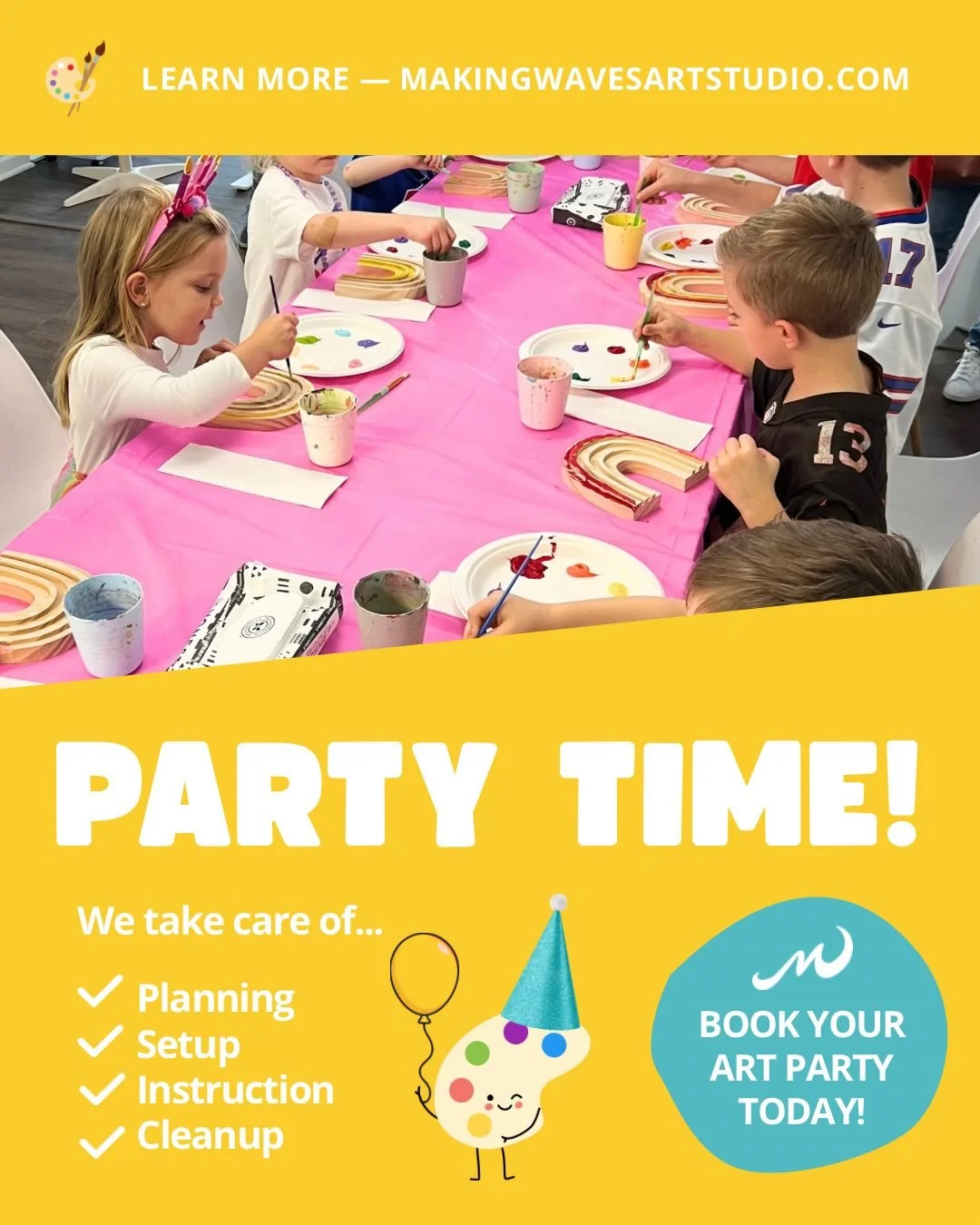 Hey there WNY parents! 👋

Looking to throw an EASY, CREATIVE and UNIQUE birthday party for your little one?! We&rsquo;ve got you! Our art parties are organized, playful, calm, and most importantly SO. MUCH. FUN! 🎨🥳

We are now booking parties (bot