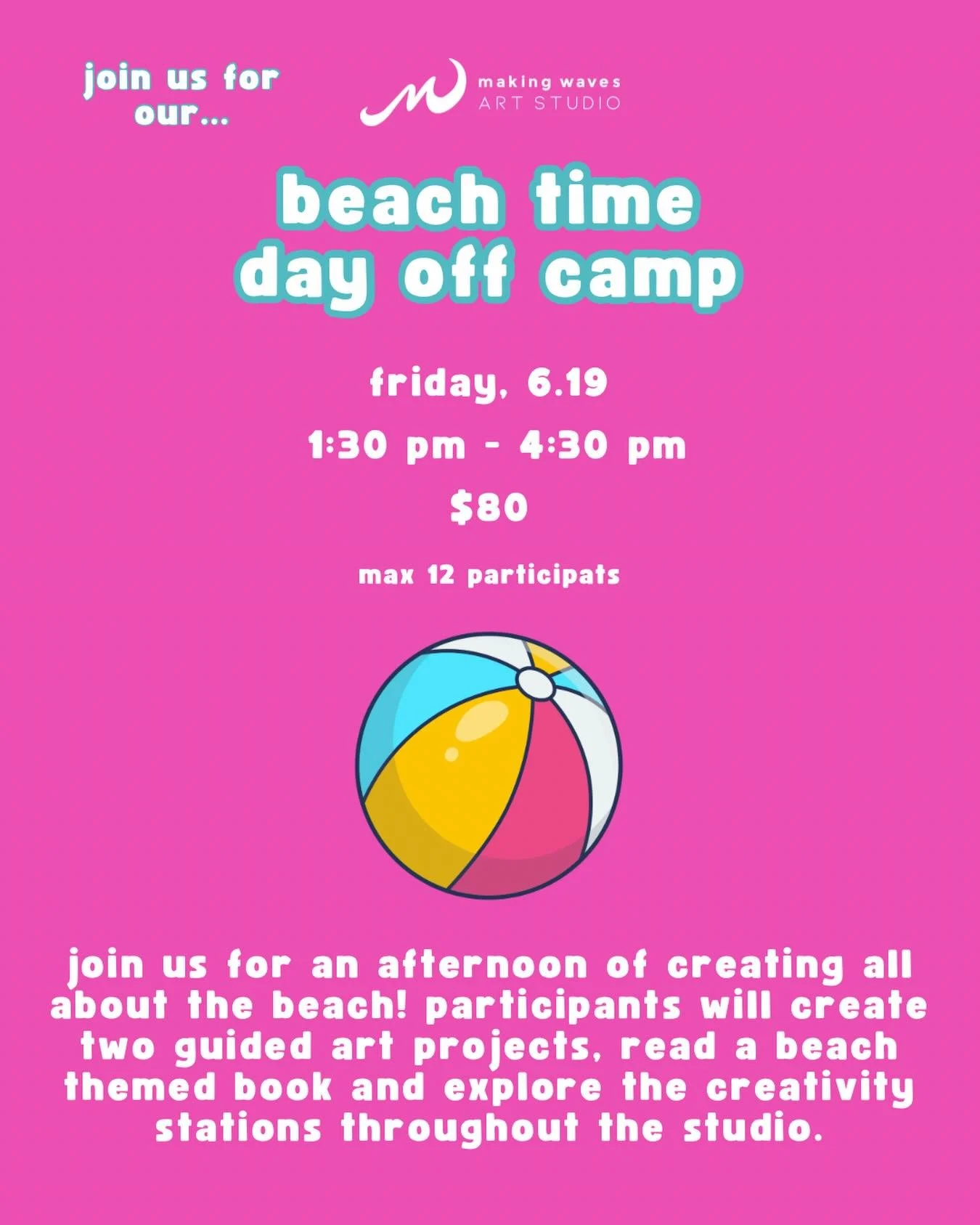 We still have spaces available for our Day Off Camp next Friday!

Drop your kiddos with us for an afternoon of creativity, play and FUN!! We&rsquo;ll be coloring our own beachballs, painting waves with bubble wrap and designing our own surfboards! 🏖