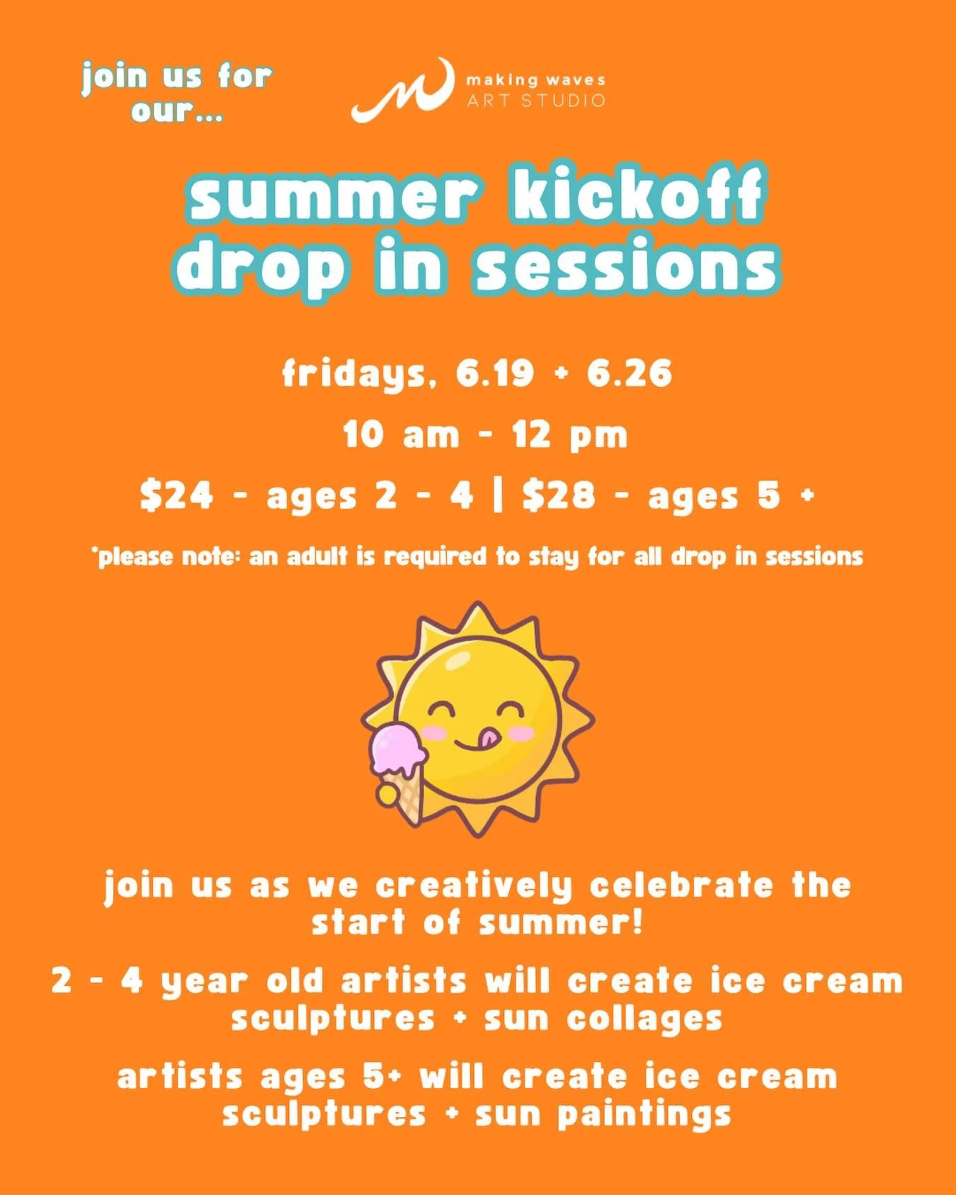 ☀️ Join us for a Summer Kickoff Drop In Session!

If you&rsquo;re new to our Drop In Sessions, here&rsquo;s everything you need to know&hellip;

🎨 Our Drop In Sessions are $24 for kids 2 - 4 YO + $28 for makers 5 YOS +. Adults are always invited to 