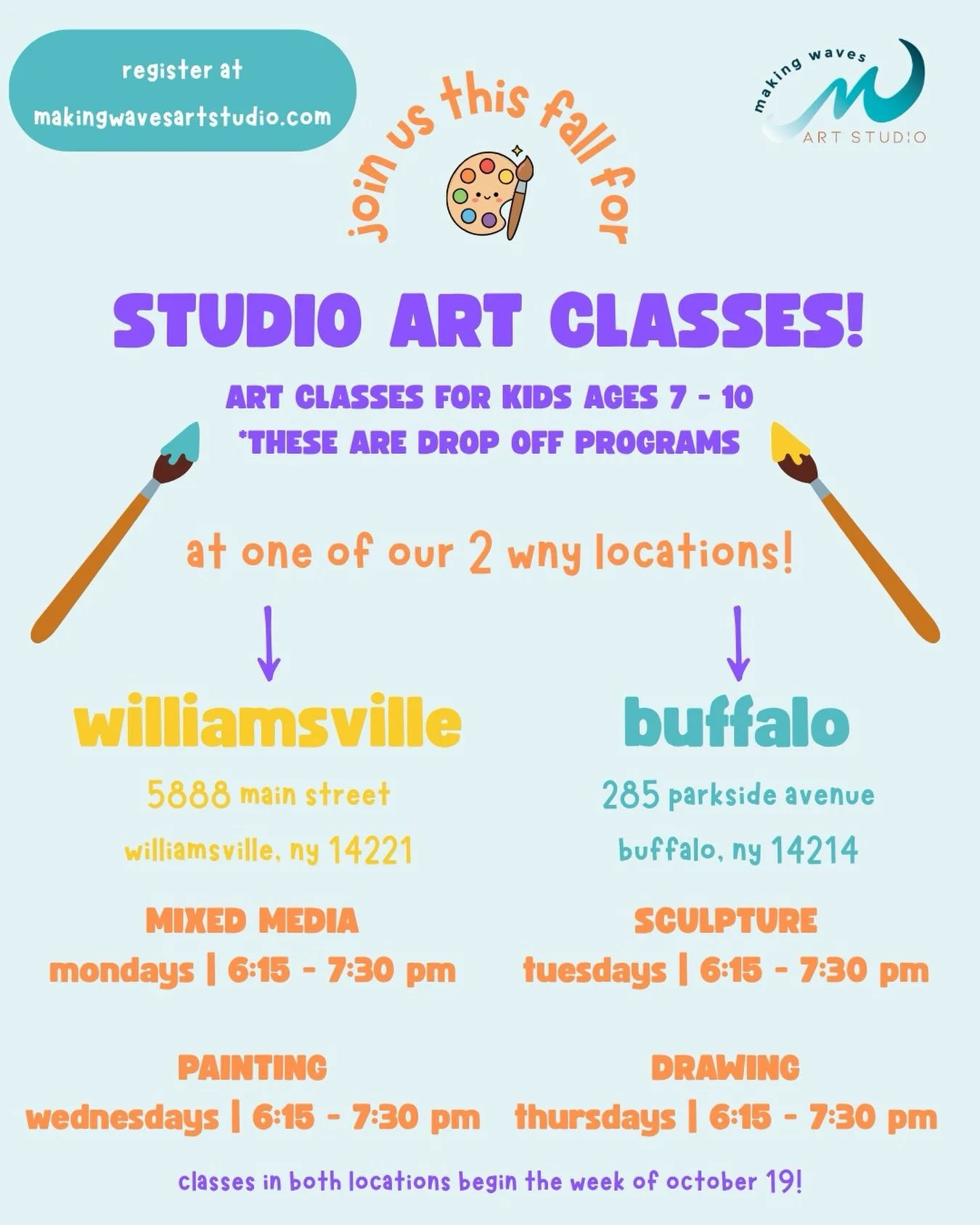 Have a 7 - 10 YO kiddo who LOVES to create, draw, paint or sculpt?! 👧🎨👦

We have an art class JUST for them. 😍

Join us for one of our Studio Art classes in Williamsville OR Buffalo! Late fall classes begin next week. 🍁