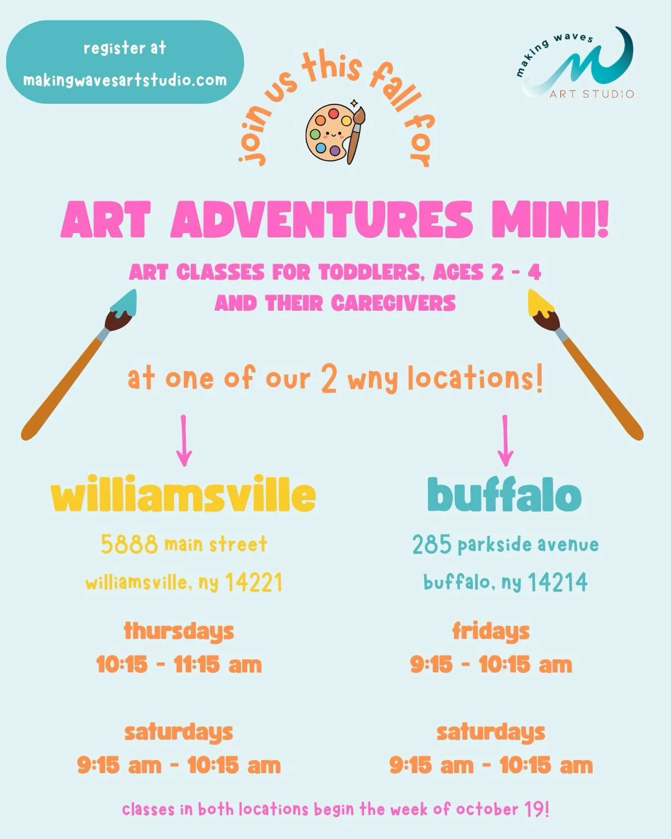 Art classes for 2 - 4 YOS?! 🎨👶

We&rsquo;ve got em!

Join us for Art Adventures Mini in Williamsville OR Buffalo! Late fall classes begin next week. 🍁