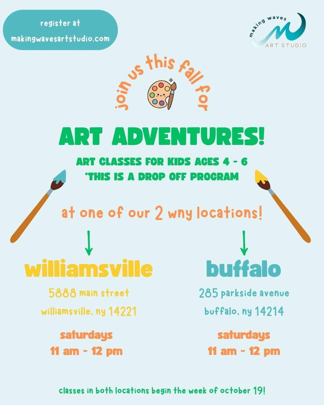 Looking for an art class for your mini Matisse? 👧🎨👦

We&rsquo;ve got em!

Join us for Art Adventures &mdash; an art enrichment series designed for kids ages 4 - 6! Late fall classes in Williamsville AND Buffalo begin next week. 🍁