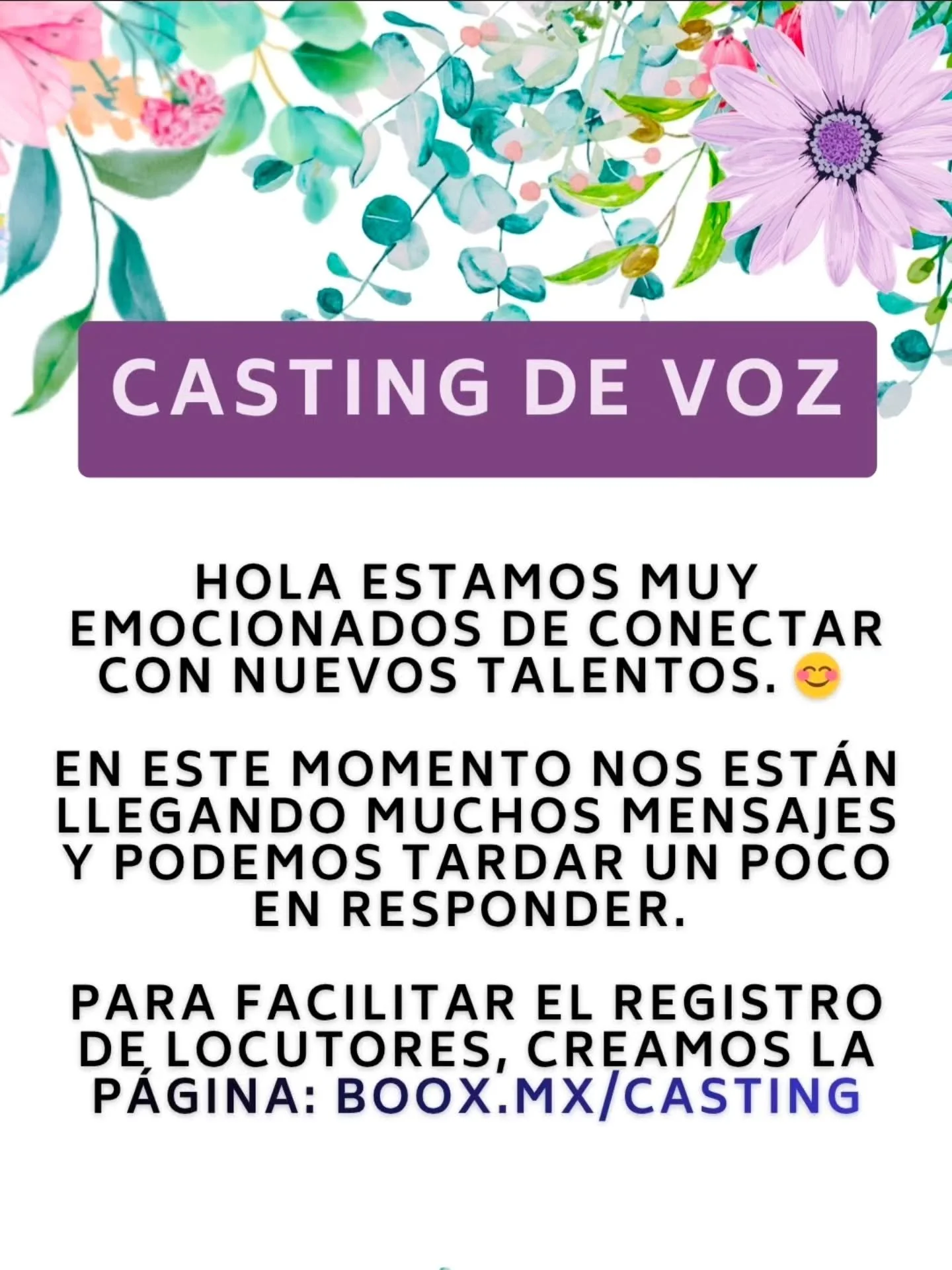Buscamos talentos de locuci&oacute;n en espa&ntilde;ol. Reg&iacute;strate en boox.mx/casting

Muchas Gracias! 🫶

#locuci&oacute;n #vozenoff