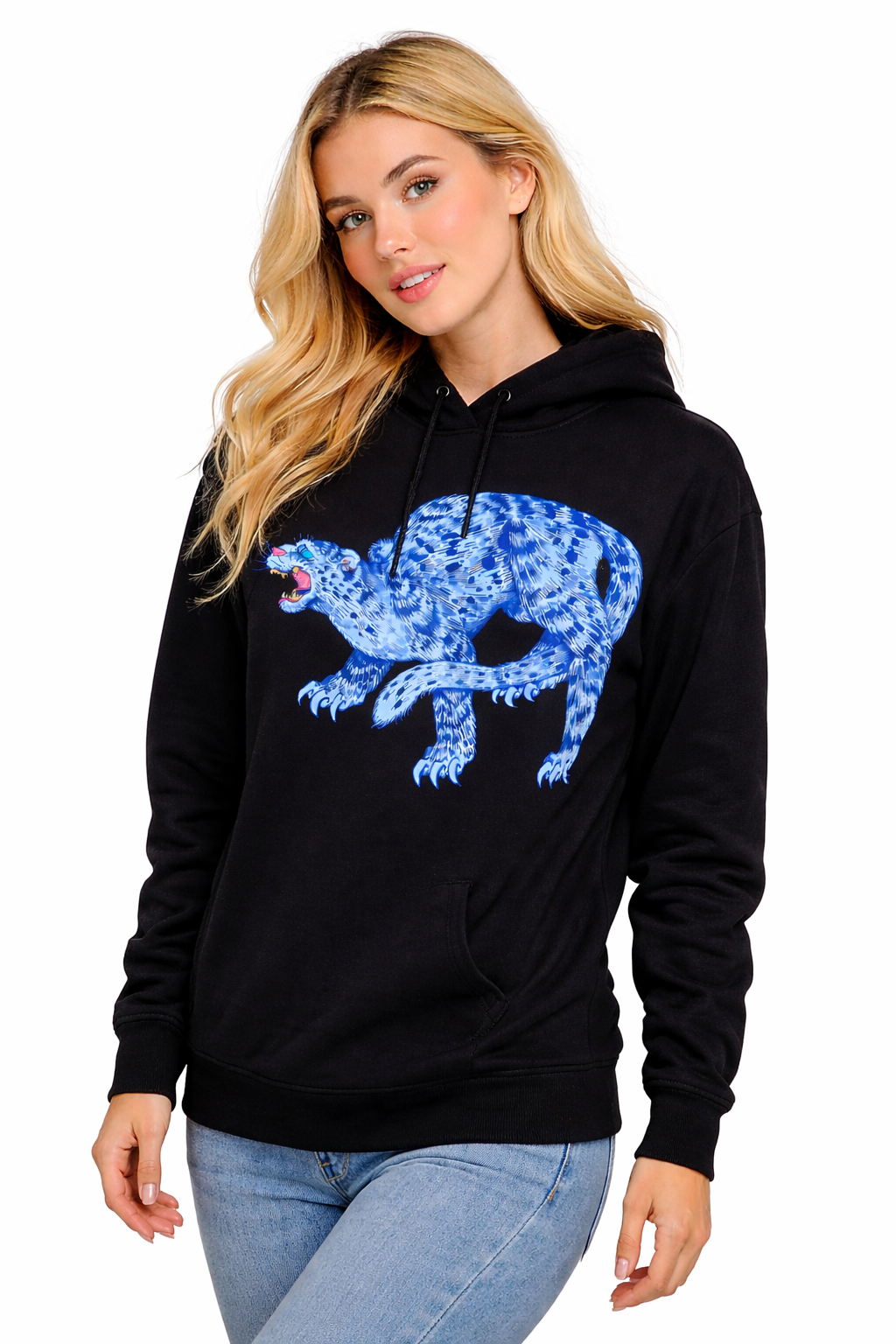 Black Hoodie - Snow Leopard - Japanese Drawing Style