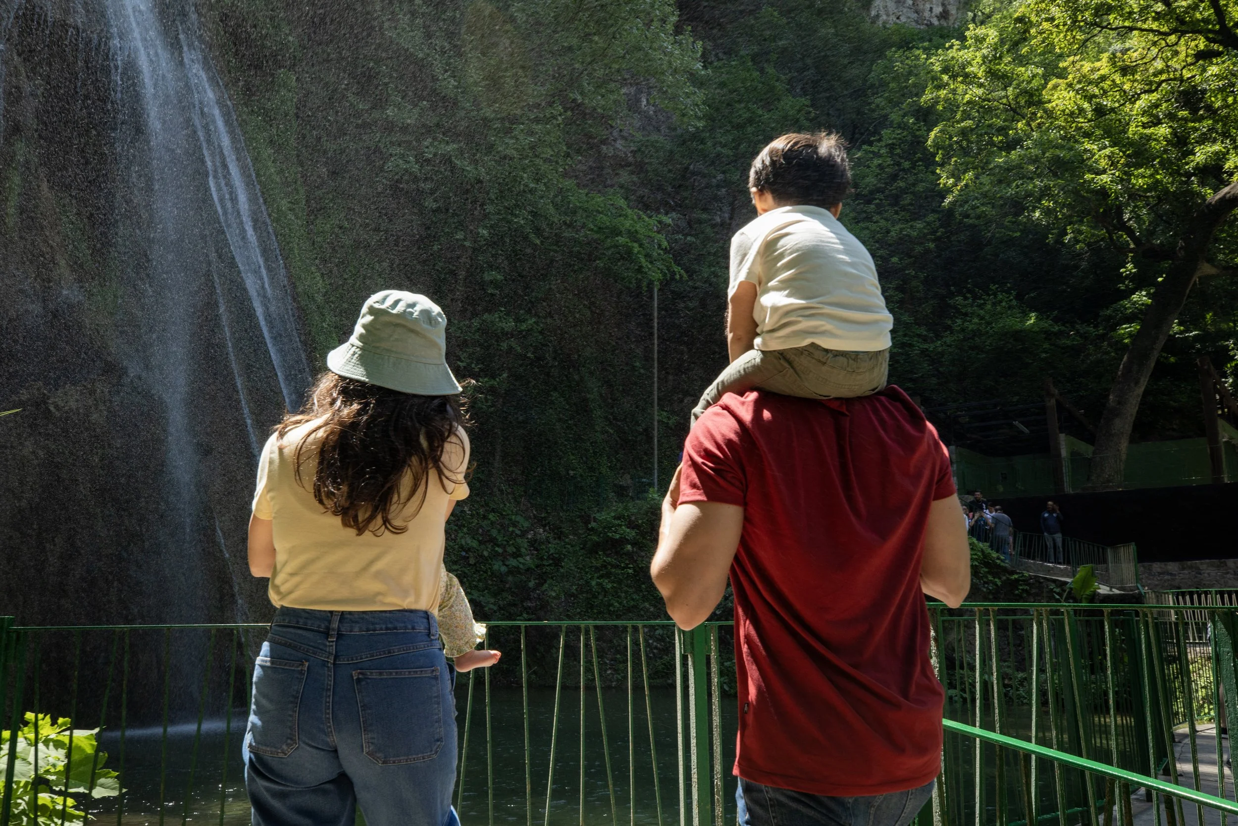 Fotografía Corporativa para Commercial y Publicidad, Monterrey, México:  Una familia observa una cascada en un parque natural rodeado de árboles verdes.
