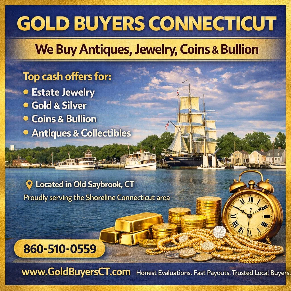 We Buy Antiques, Jewelry, Coins &amp; Bullion
Located in Old Saybrook &mdash; serving the Shoreline CT area!

✅ Estate Jewelry
✅ Gold &amp; Silver
✅ Coins &amp; Bullion
✅ Antiques &amp; Collectibles

📞 860-510-0559
🌐 www.GoldBuyersCT.com

#GoldBuye