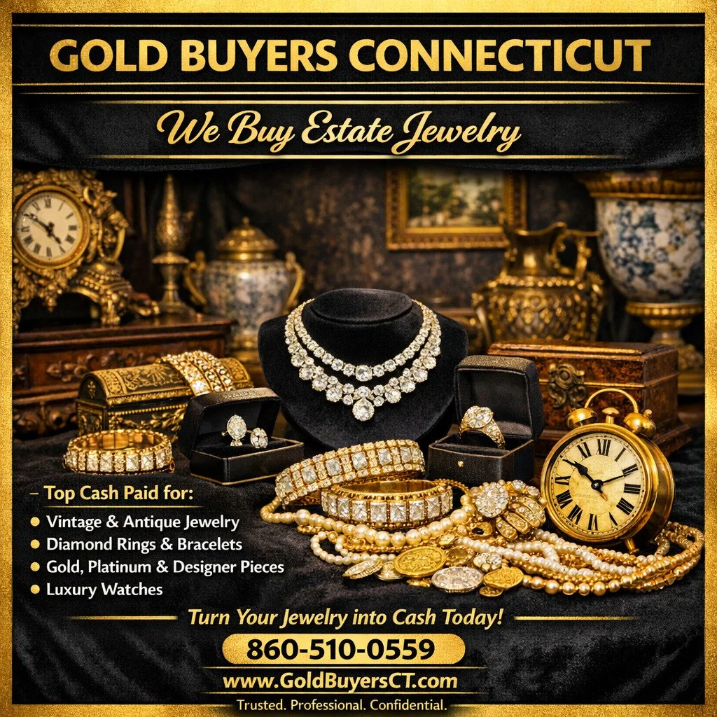🟡 Sell Estate Jewelry, Antiques &amp; Coins in Connecticut

Gold Buyers Connecticut offers top cash for estate jewelry, antiques, gold, silver, coins, and bullion. Located in Old Saybrook and serving the Shoreline CT area. 

Trusted evaluations, fas