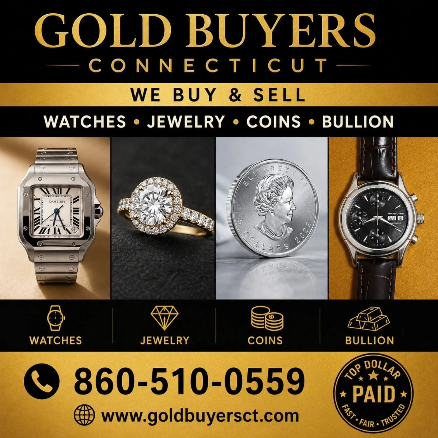 💎 Turn Your Valuables Into Cash with Gold Buyers Connecticut! 💎

We Buy &amp; Sell:
⌚ Luxury Watches
💍 Jewelry
🪙 Coins
🏅 Gold &amp; Silver Bullion

Get top dollar paid with honest evaluations and fast service.
📞 860-510-0559
🌐 goldbuyersct.com