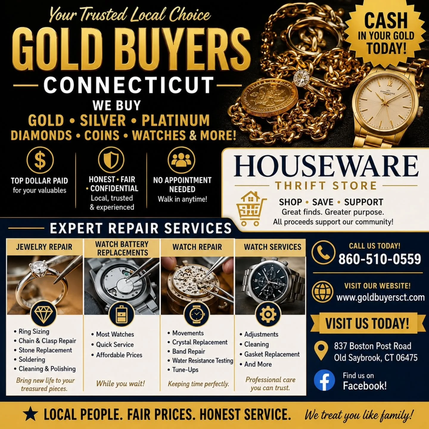 ✨ Trusted Local Gold Buyers &amp; Repair Experts in Connecticut! ✨

At goldbuyersct.com⁠ &amp; Houseware Thrift Store, we buy:
💍 Gold Jewelry
⌚ Watches
🪙 Coins &amp; Bullion
💎 Estate Jewelry
🥈 Silver &amp; Platinum

We also offer:
🔧 Jewelry Repa