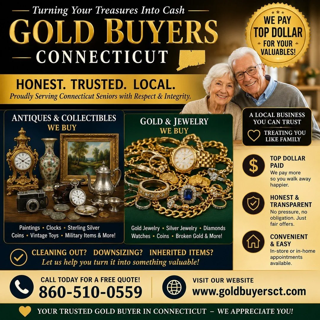 ✨ Downsizing? Cleaning Out? Inherited Valuables? ✨

That jewelry box, antique clock, coin collection, or sterling silver set could be worth more than you think.

At Gold Buyers Connecticut, we help Connecticut families turn unwanted treasures into ca