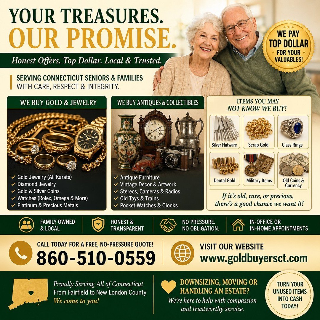 ✨ Don't throw it away before you know what it's worth!

Old jewelry boxes, inherited coins, sterling silver sets, class rings, antique clocks, vintage collectibles, and forgotten treasures could be worth real money.

Gold Buyers Connecticut helps fam