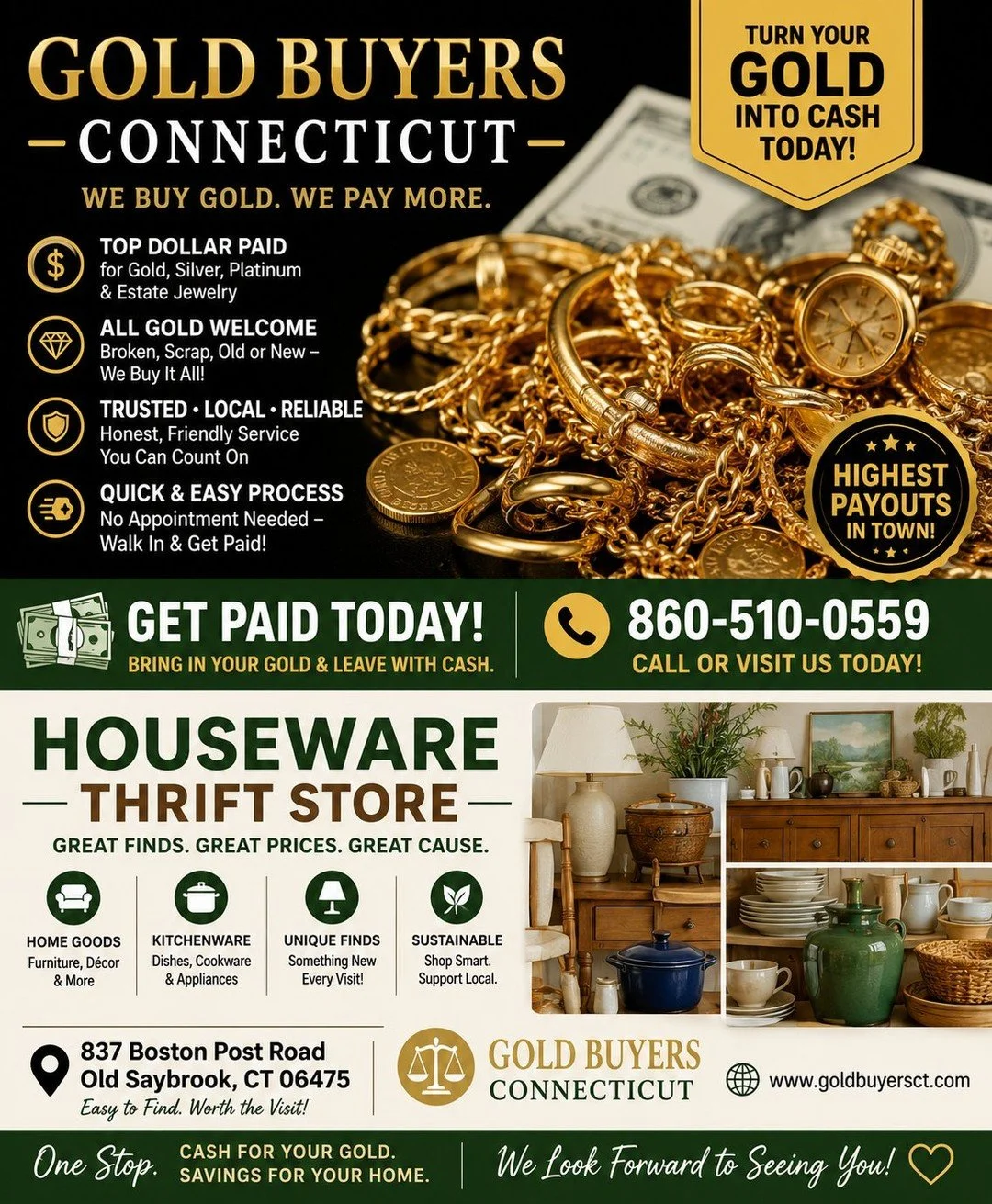 💰 TURN YOUR UNWANTED GOLD INTO CASH TODAY! 💰

Have old, broken, or unwanted gold jewelry sitting in a drawer? Don't let it collect dust&mdash;turn it into cash at Gold Buyers Connecticut!

✅ Top Dollar Paid for Gold, Silver, Platinum &amp; Estate J