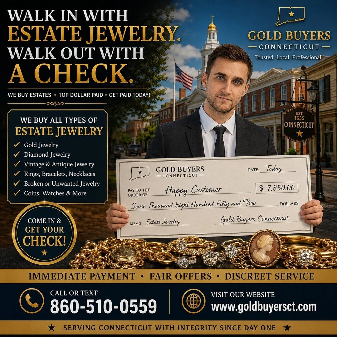 💰 WALK IN WITH ESTATE JEWELRY. WALK OUT WITH A CHECK. 💰

Have estate jewelry collecting dust? You could be sitting on thousands of dollars.

At Gold Buyers Connecticut, we buy:

✔ Estate Jewelry
✔ Gold Jewelry
✔ Diamond Jewelry
✔ Antique &amp; Vint