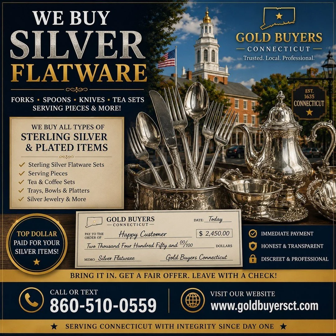 🥄 OLD SILVER FLATWARE COULD BE WORTH THOUSANDS 💰

Do you have sterling silver flatware tucked away in a cabinet, inherited from family, or collecting dust in storage?

Gold Buyers Connecticut pays top dollar for:

✔ Sterling Silver Flatware
✔ Compl