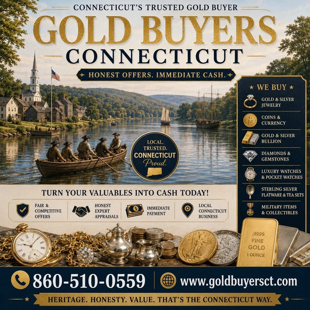 ⚓ Connecticut's history was built on trade, craftsmanship, and hard work. Today, your valuables still hold real value.

Gold Buyers Connecticut purchases:

💍 Gold &amp; Silver Jewelry
🪙 Rare Coins &amp; Currency
🥇 Gold &amp; Silver Bullion
⌚ Luxur