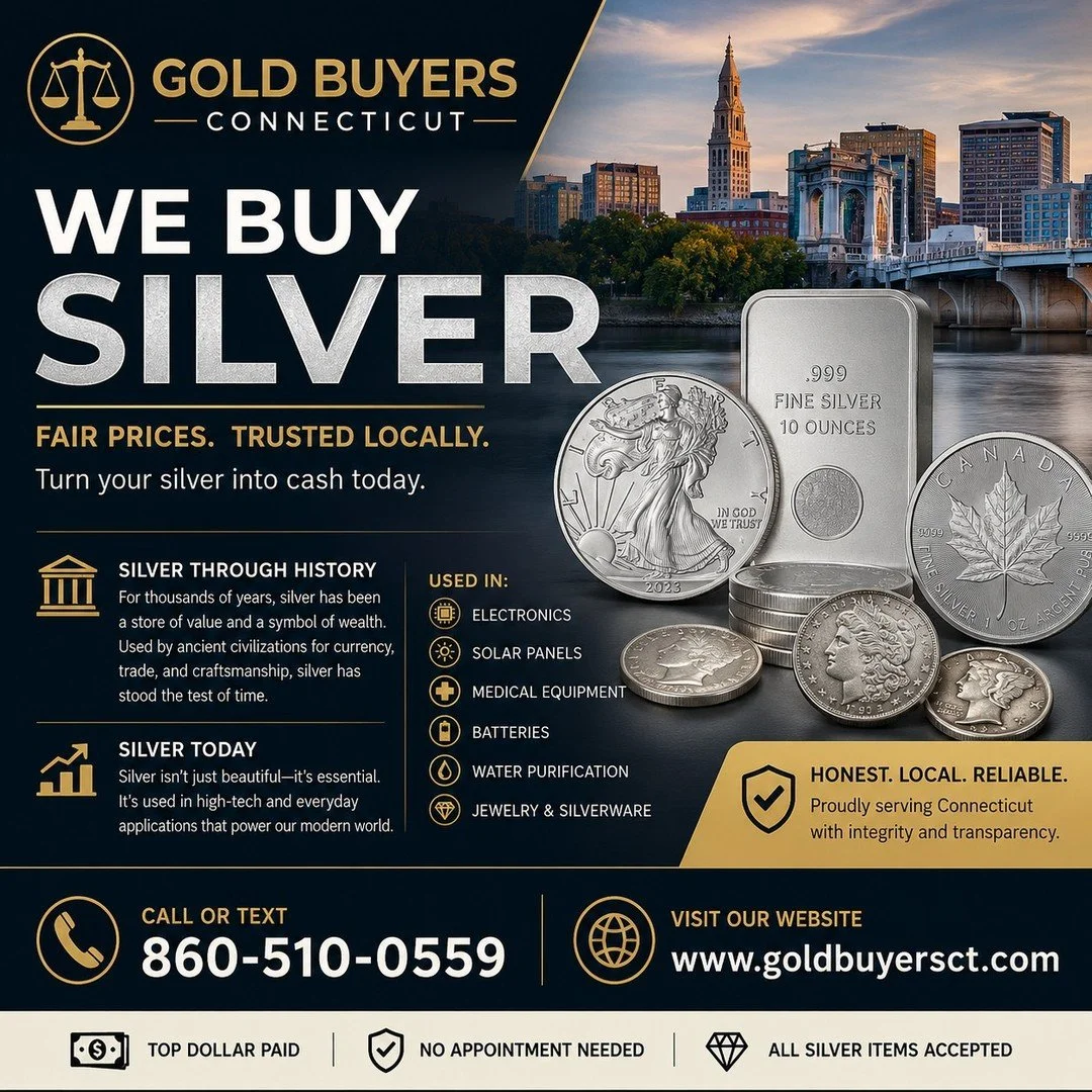 🥈 WE BUY SILVER IN CONNECTICUT 🥈

Silver has been valued for over 5,000 years. Ancient civilizations used it as currency, a symbol of wealth, and a trusted store of value.

Today, silver powers our modern world. It's found in:
⚡ Electronics
☀️ Sola