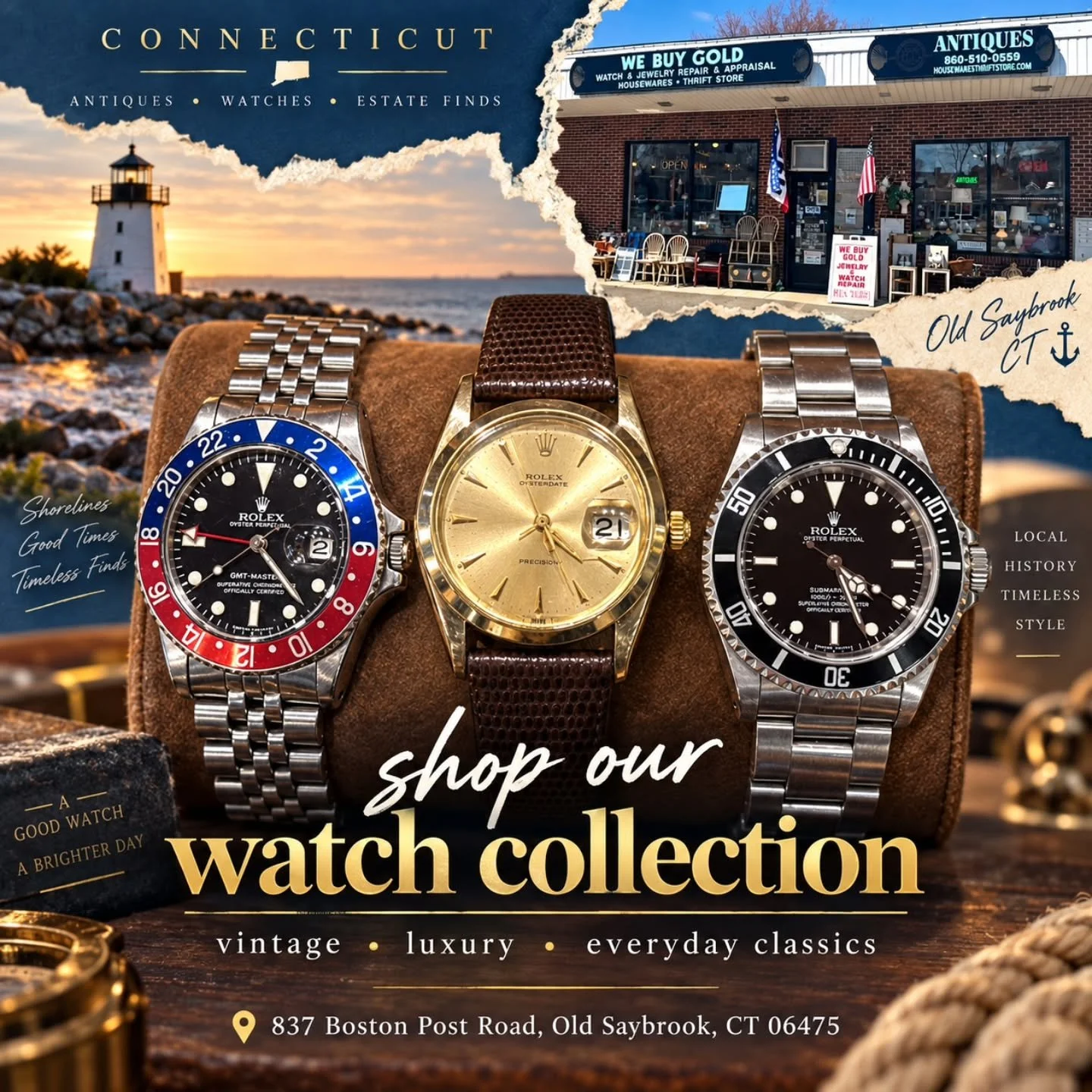 Timeless watches. Local history. Classic style. ⌚

Explore our vintage and luxury watch collection right here in Old Saybrook. From everyday classics to collectible pieces, there&rsquo;s always something unique waiting in the case.

Visit us at 837 B