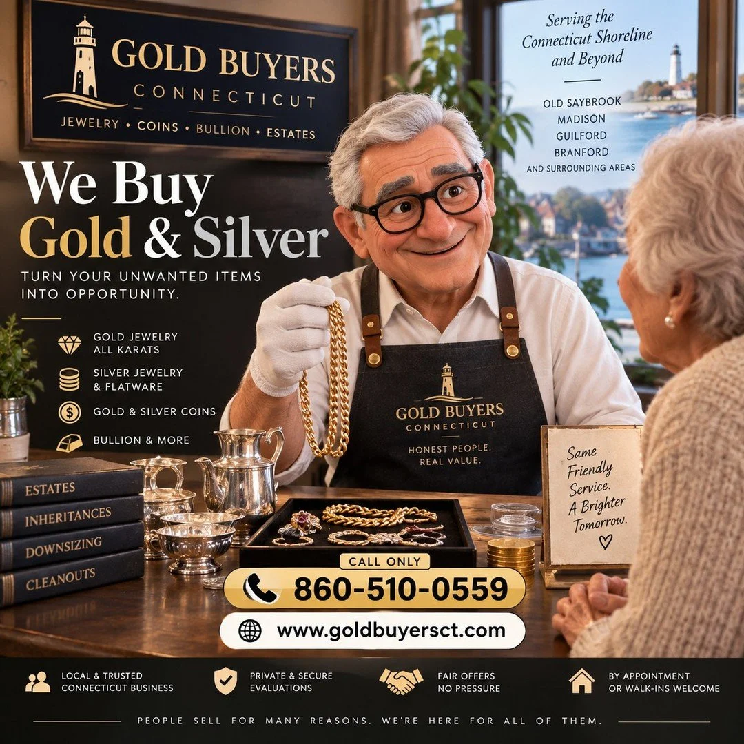 💰 Have Gold or Silver Sitting Around the House?

Old jewelry, inherited pieces, silverware, coins, or items you simply don't wear anymore may be worth more than you realize.

At Gold Buyers Connecticut, we make selling simple, private, and comfortab