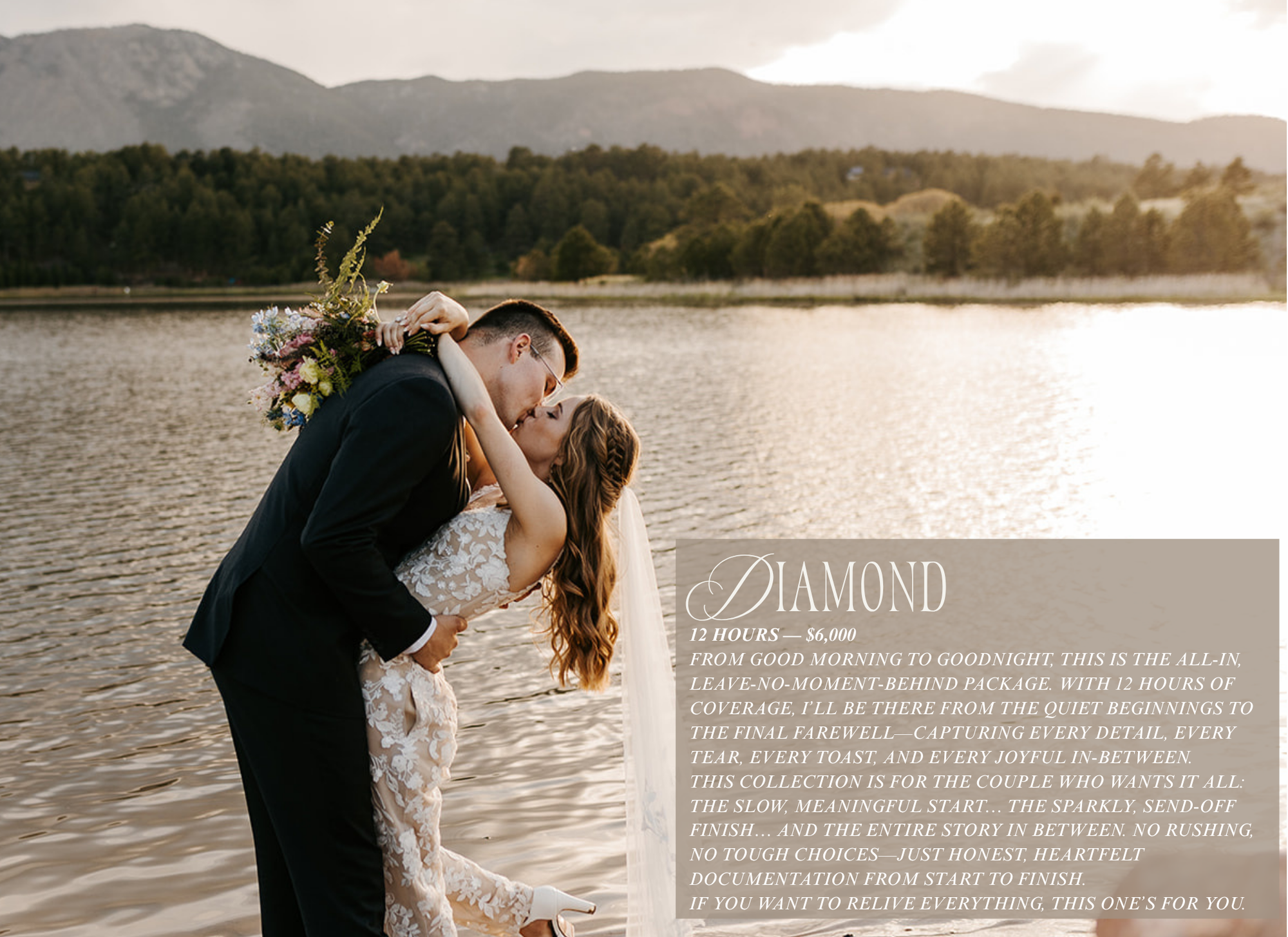 A bride and groom kissing by a lake during sunset, with mountains and trees in the background, and a text overlay about wedding coverage.