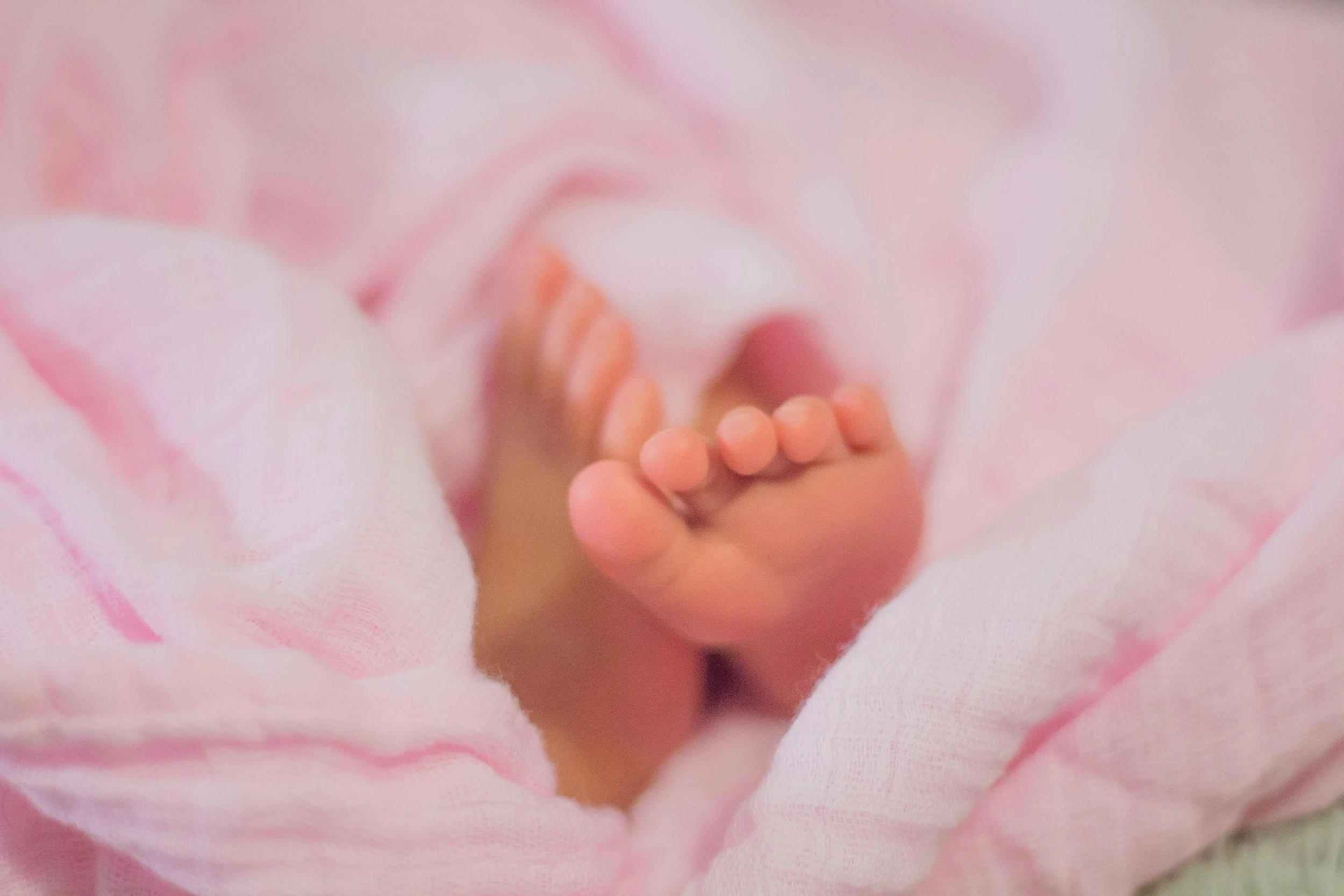 A close-up of a newborn baby's tiny feet and toes, surrounded by soft pink fabric.