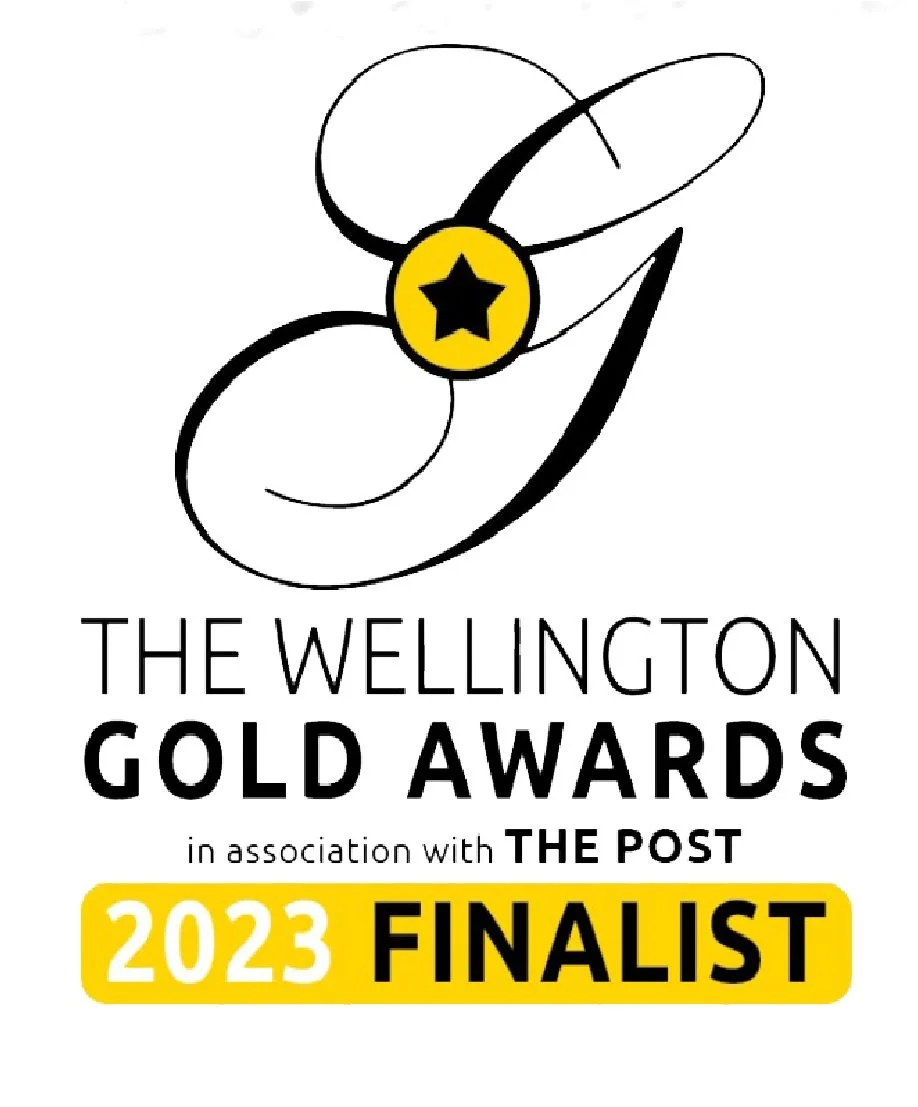 Wellington Gold Awards 2023 Finalist logo with a stylized 'G' and star emblem.