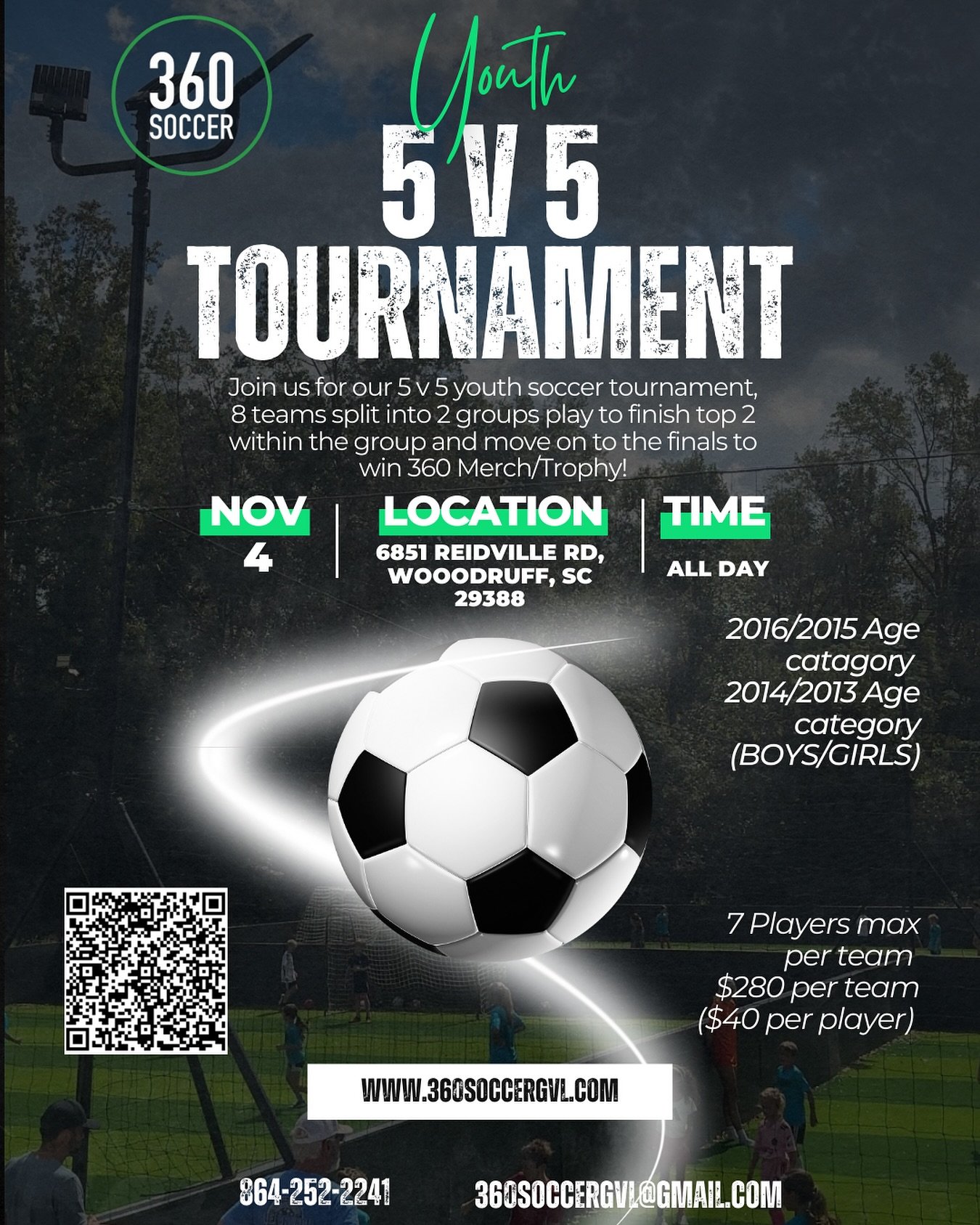 5 V 5 YOUTH TOURNAMENT!🏆
Our first 5 v 5 youth tournament on November 4th! Sign up a team today.
2016/2015 age category ✅
2014/2013 age category ✅
This will be an action packed day! Don’t miss out 🌟🌟
#soccer #yeahthatgreenville #gvltod