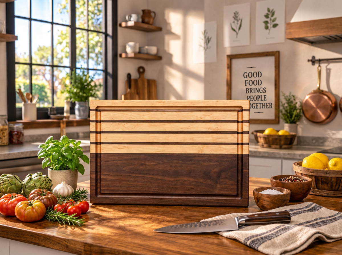A Walnut cutting board with striped design on a kitchen counter surrounded by fresh vegetables, herbs, and bowls of lemons and spices, with a bright kitchen interior and large window in the background.