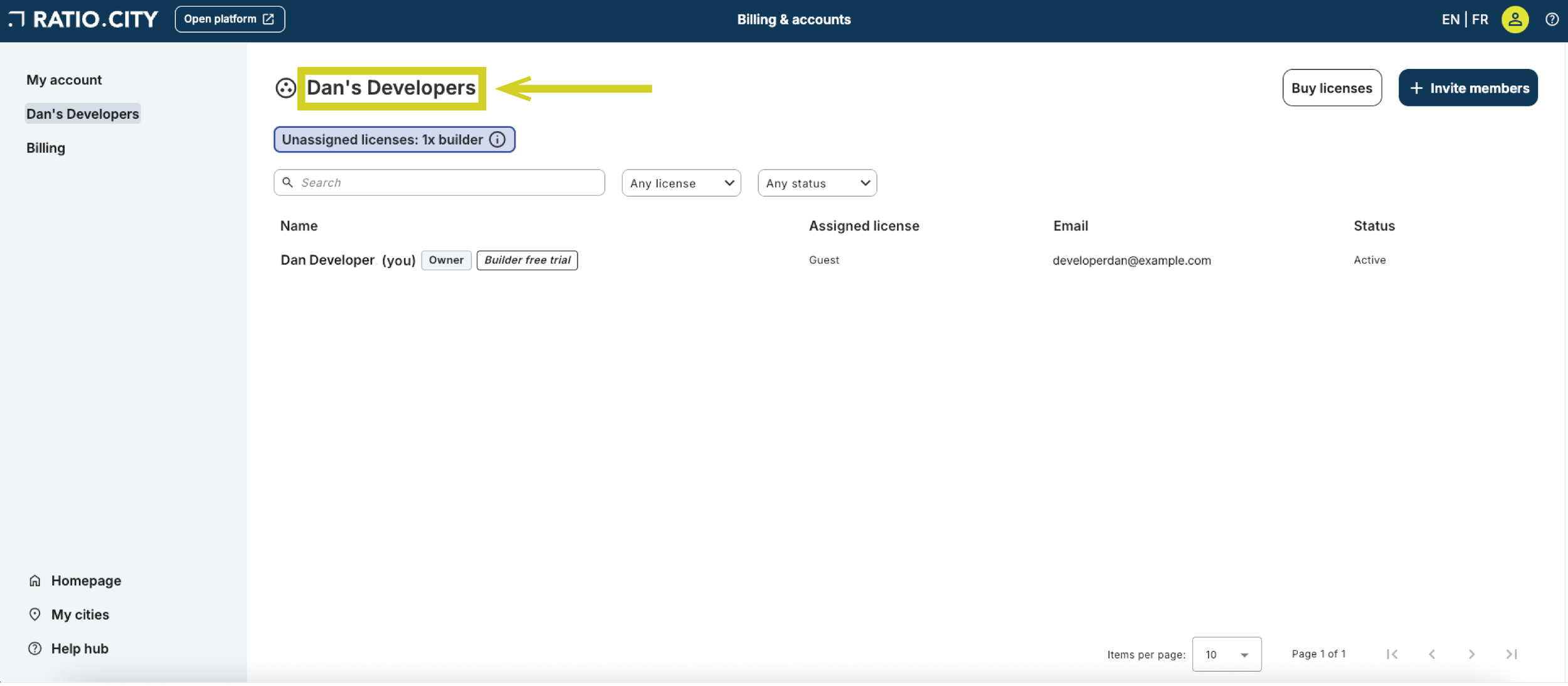Screenshot of a web dashboard showing user account information for 'Dan's Developers', including license status, email address, and account activity details.