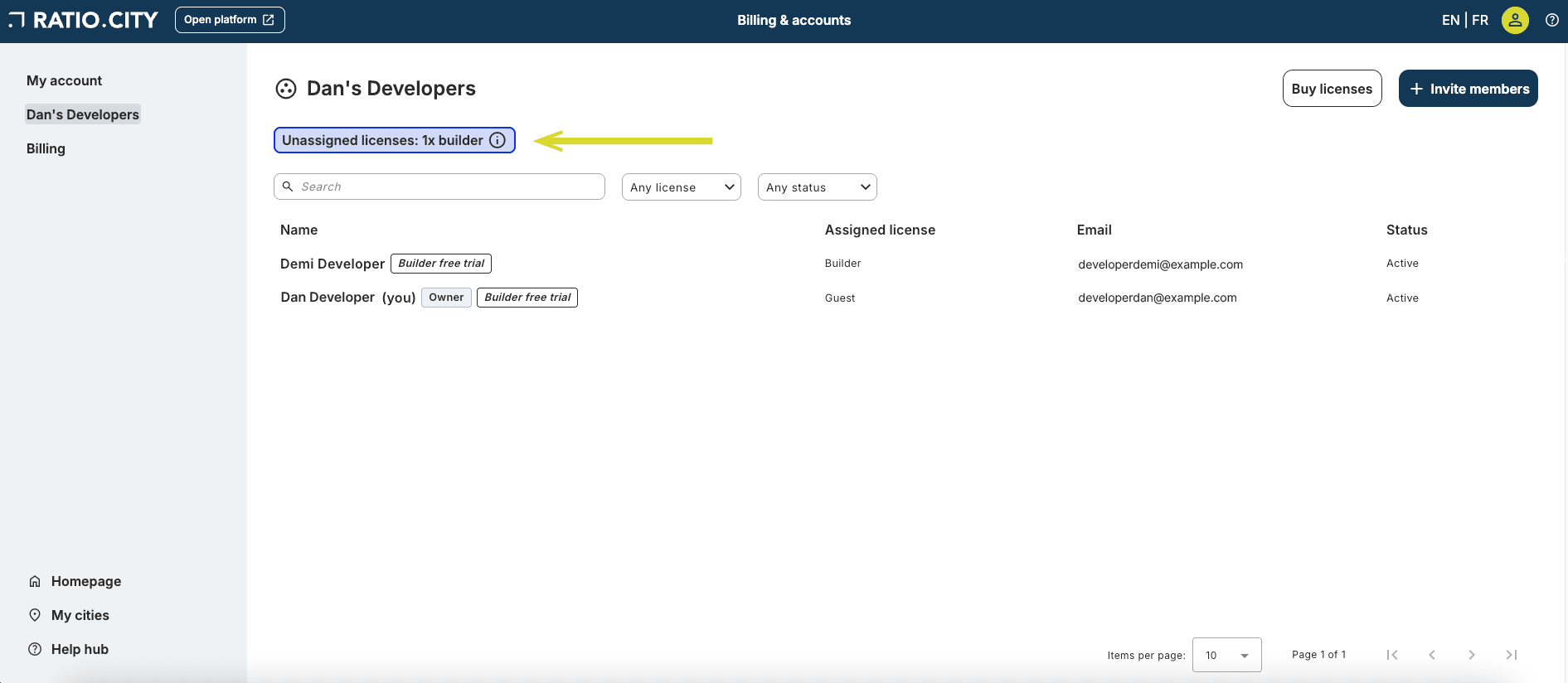 Screenshot of a web page titled 'Dan's Developers' showing two user licenses, one unassigned and one assigned to the owner.